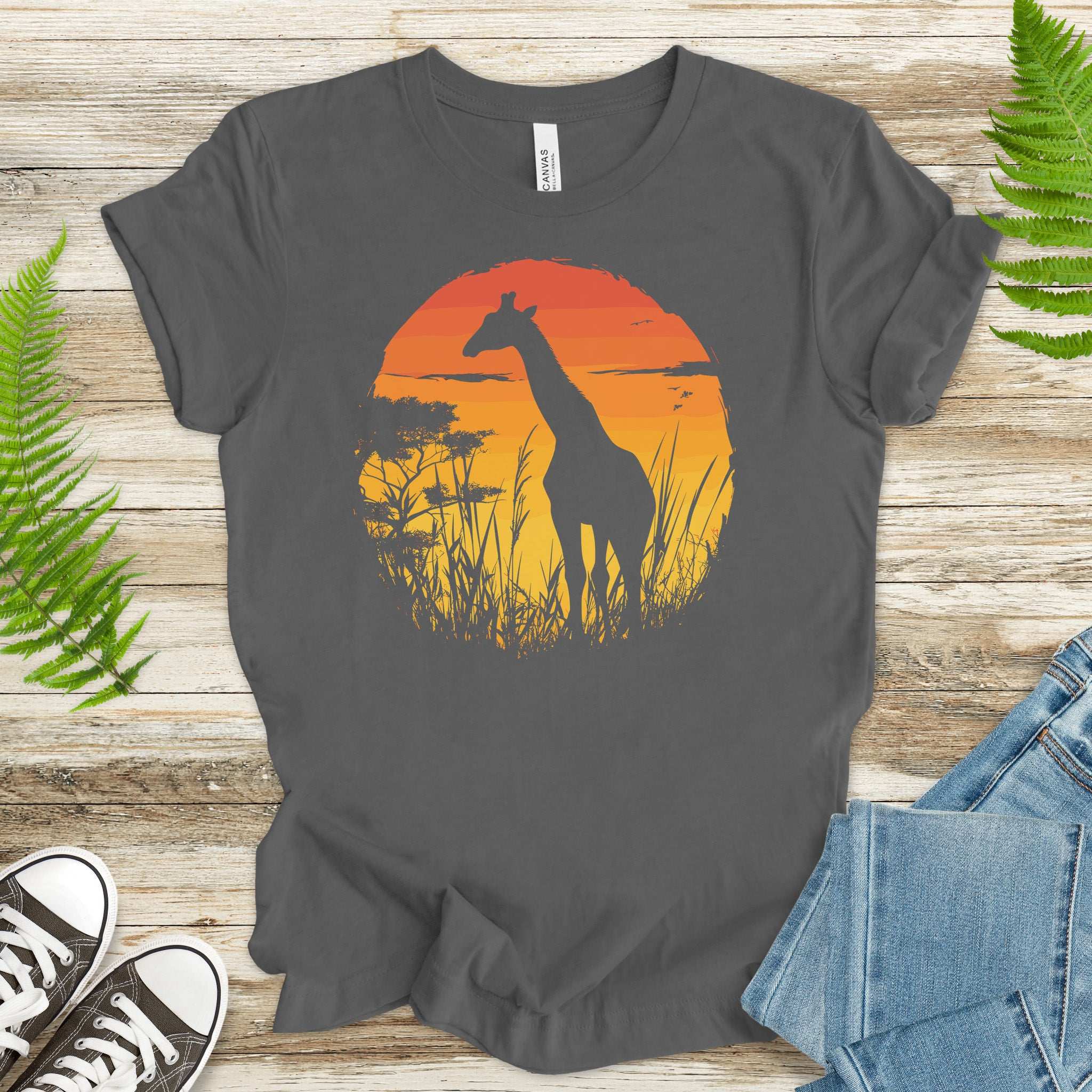 Giraffe Sunset Silhouette T-Shirt – Serene Savannah Safari Vibes