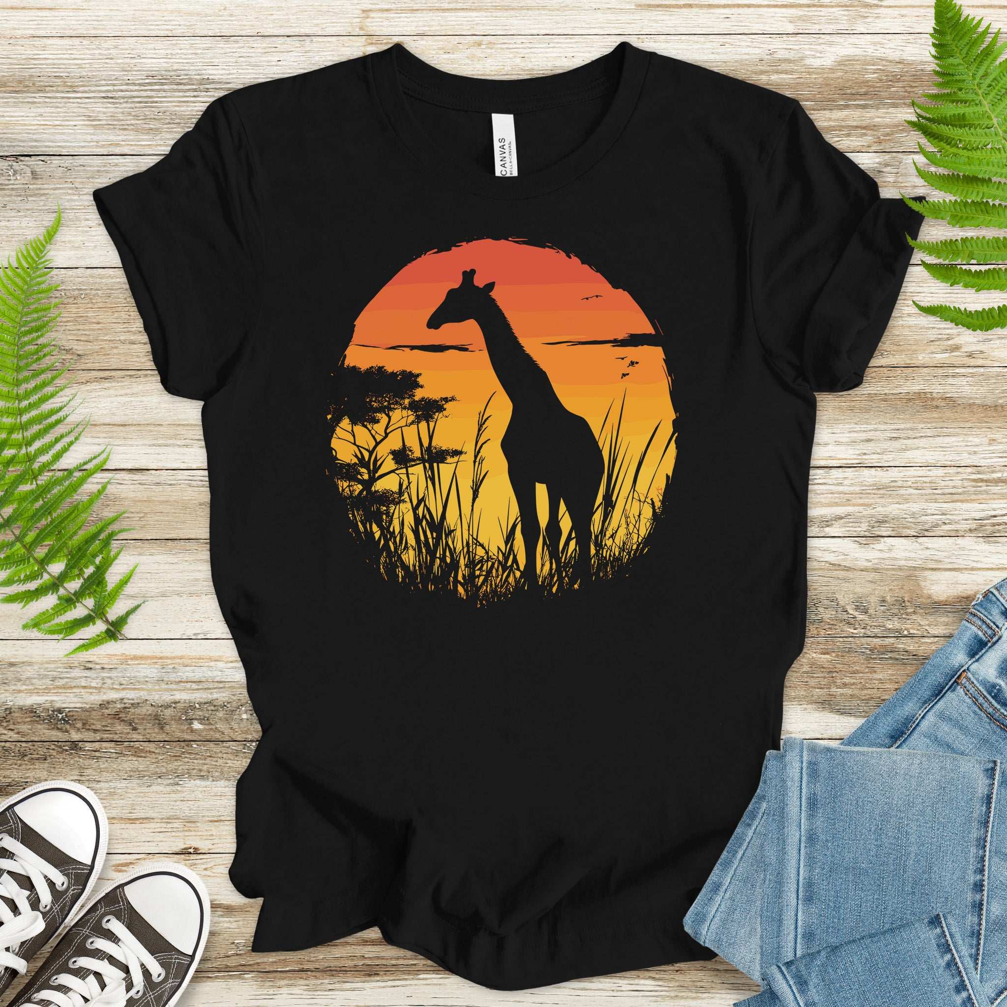 Giraffe Sunset Silhouette T-Shirt – Serene Savannah Safari Vibes