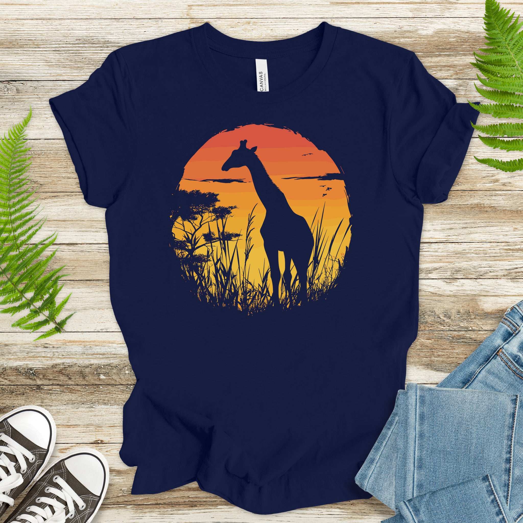 Giraffe Sunset Silhouette T-Shirt – Serene Savannah Safari Vibes