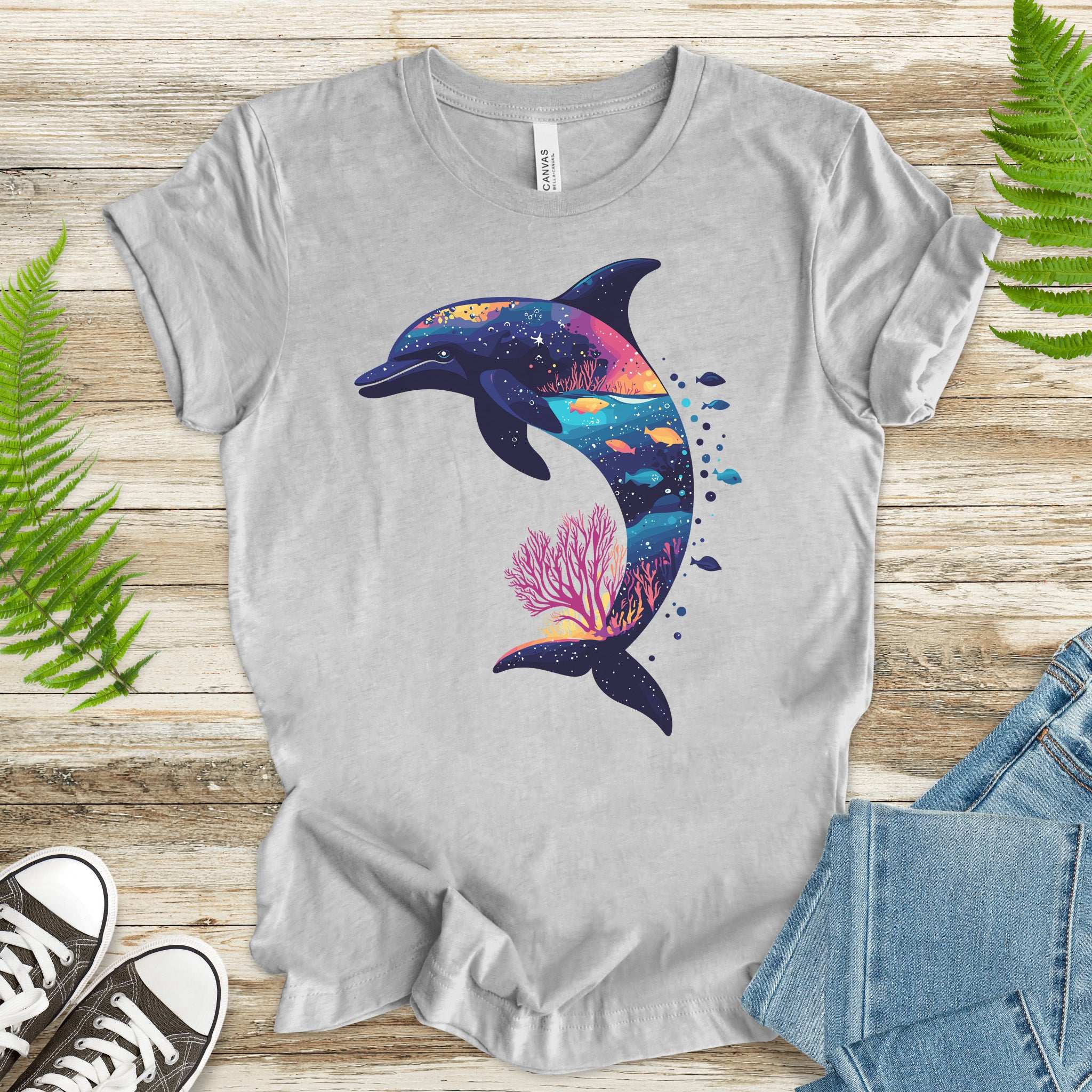Dolphin Silhouette Coral Reef T-Shirt – Ocean Dreamscape Gift Tee