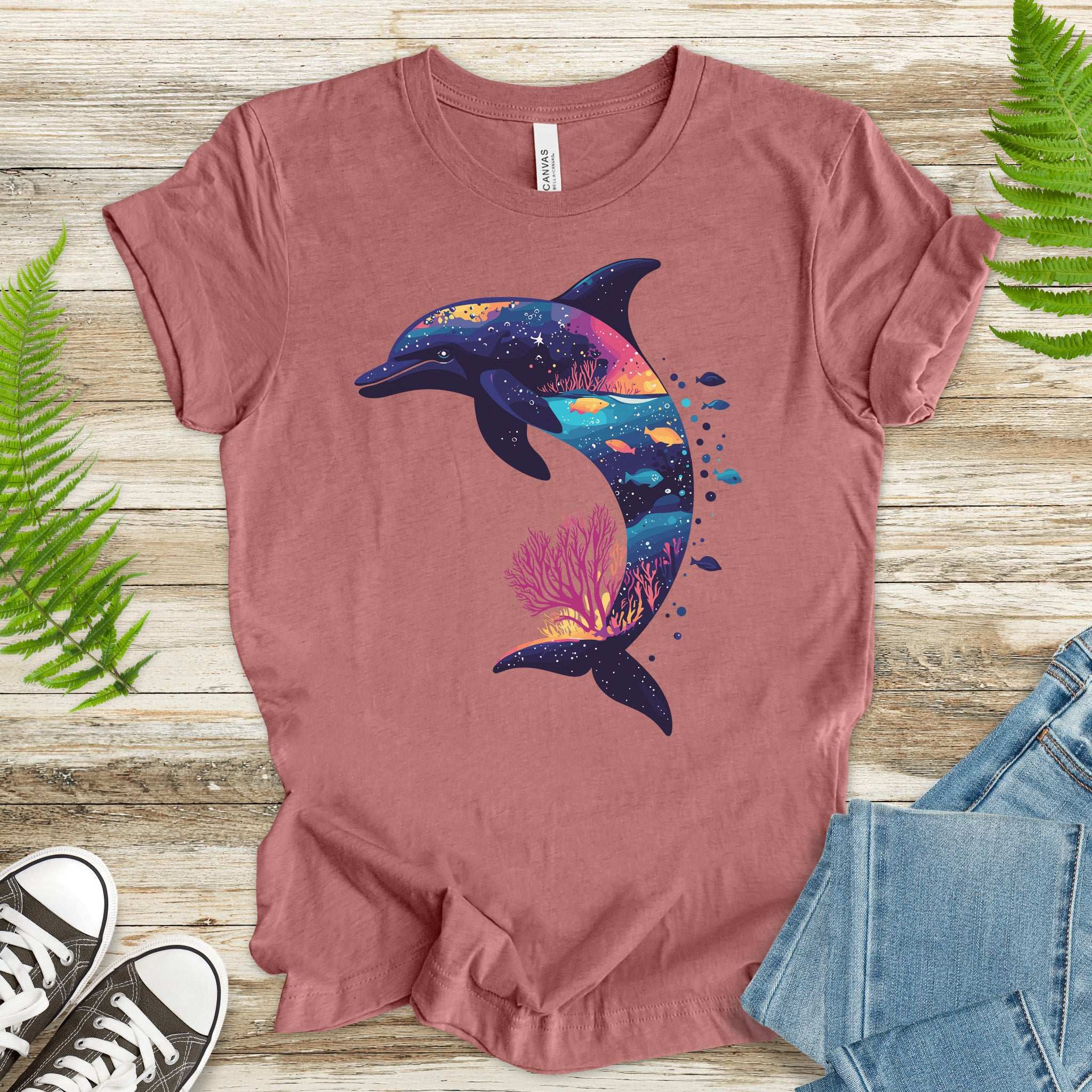 Dolphin Silhouette Coral Reef T-Shirt – Ocean Dreamscape Gift Tee
