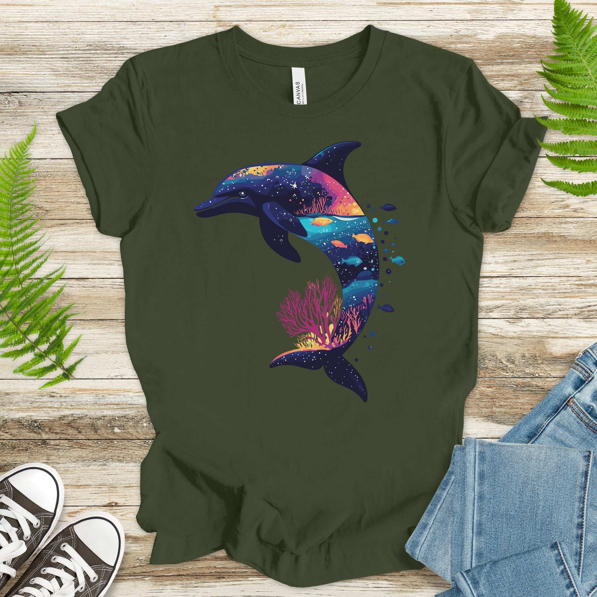Dolphin Silhouette Coral Reef T-Shirt – Ocean Dreamscape Gift Tee