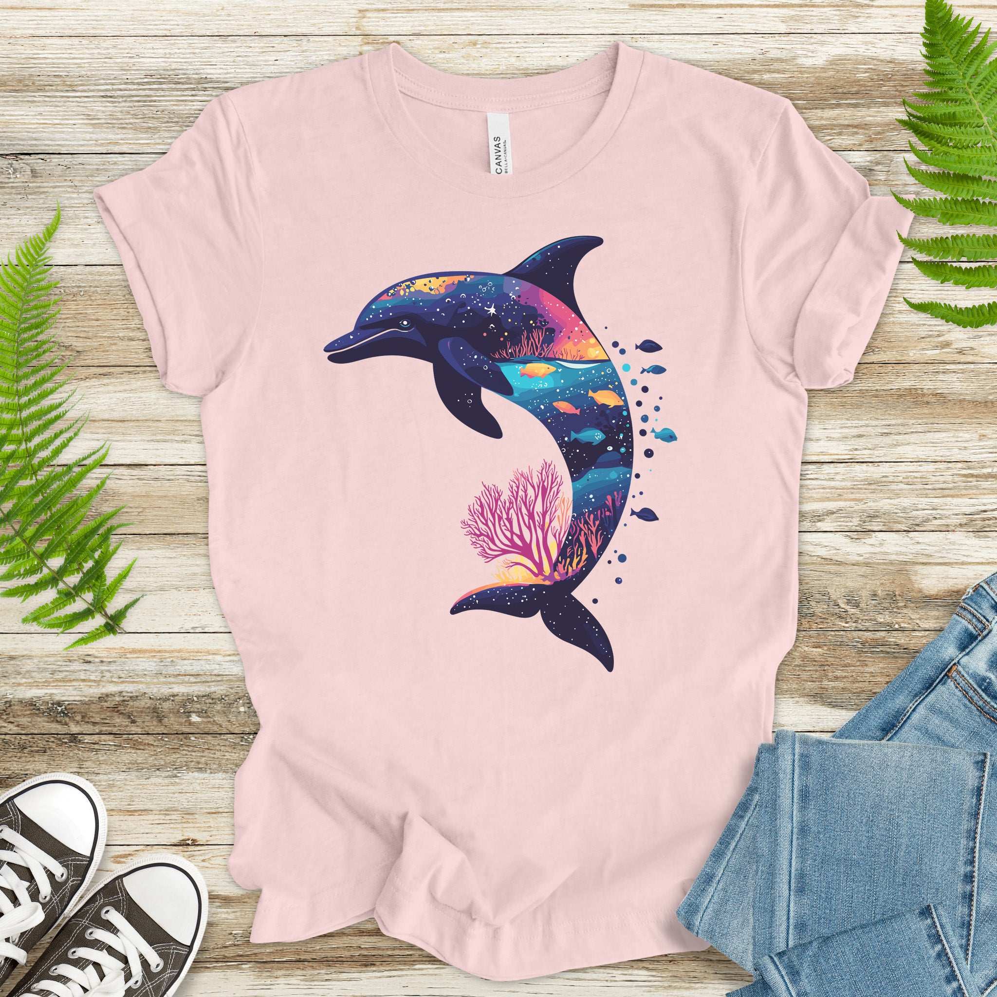 Dolphin Silhouette Coral Reef T-Shirt – Ocean Dreamscape Gift Tee