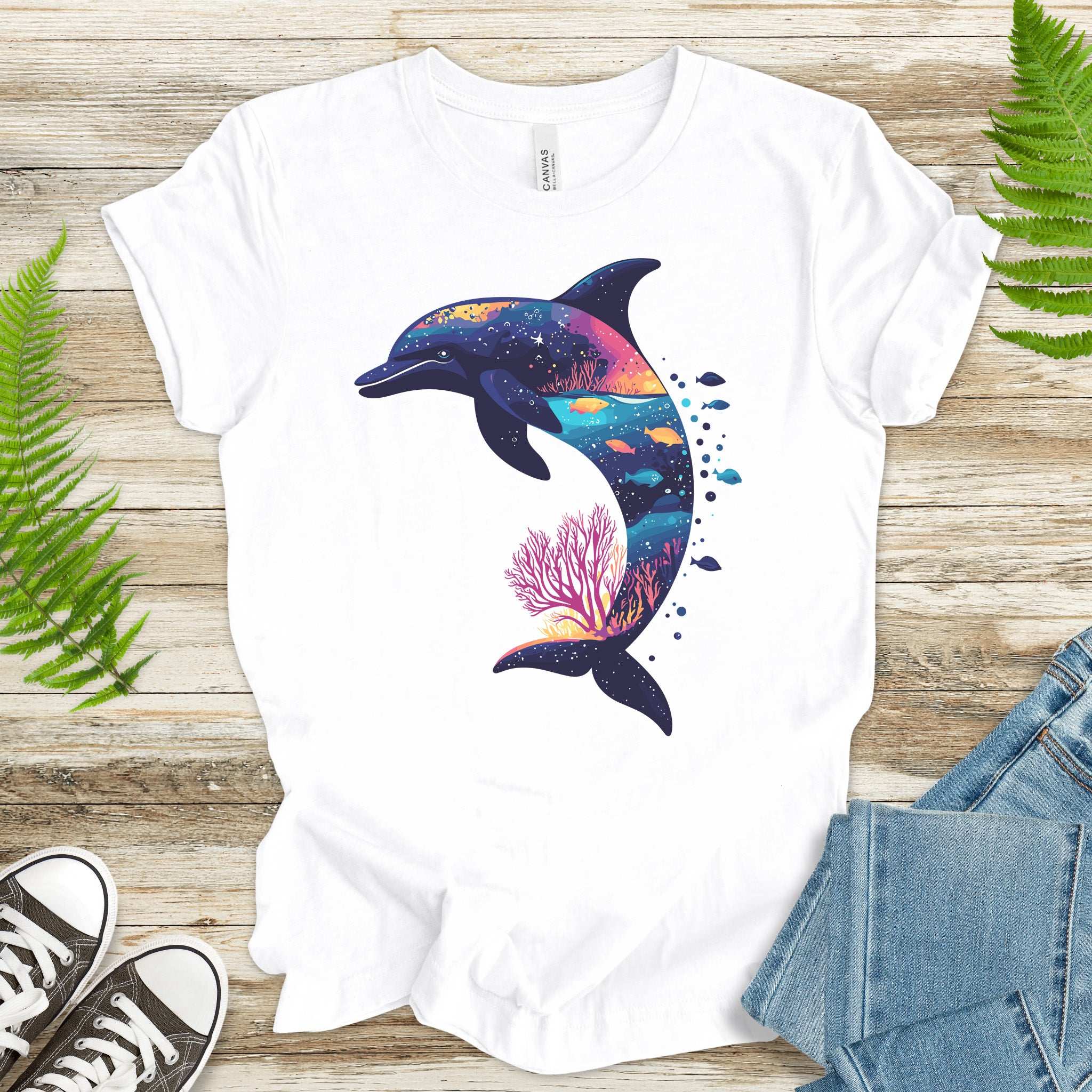 Dolphin Silhouette Coral Reef T-Shirt – Ocean Dreamscape Gift Tee