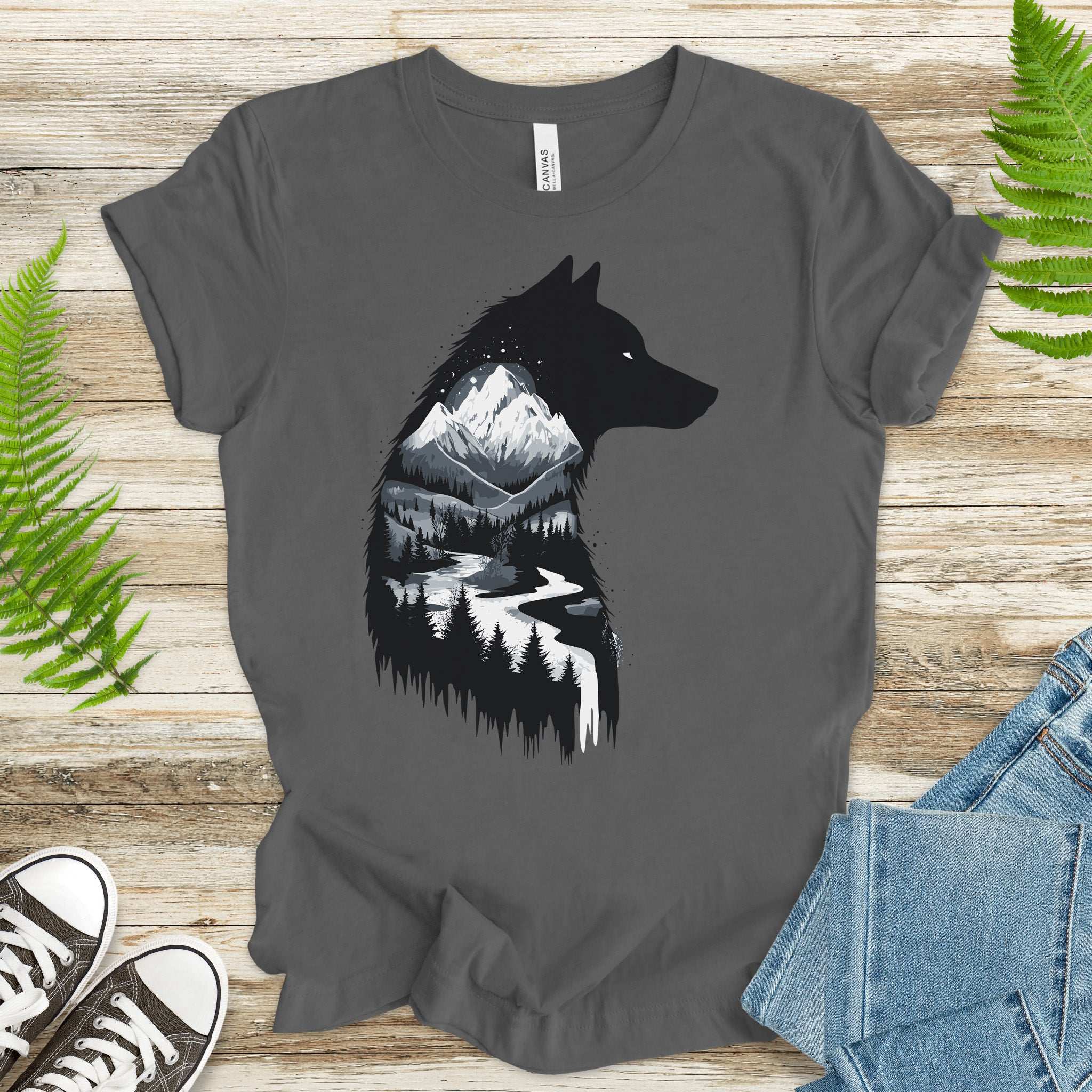 Wolf Mountain Spirit T-Shirt – Dark Forest Falls & Wilderness Soul Tee