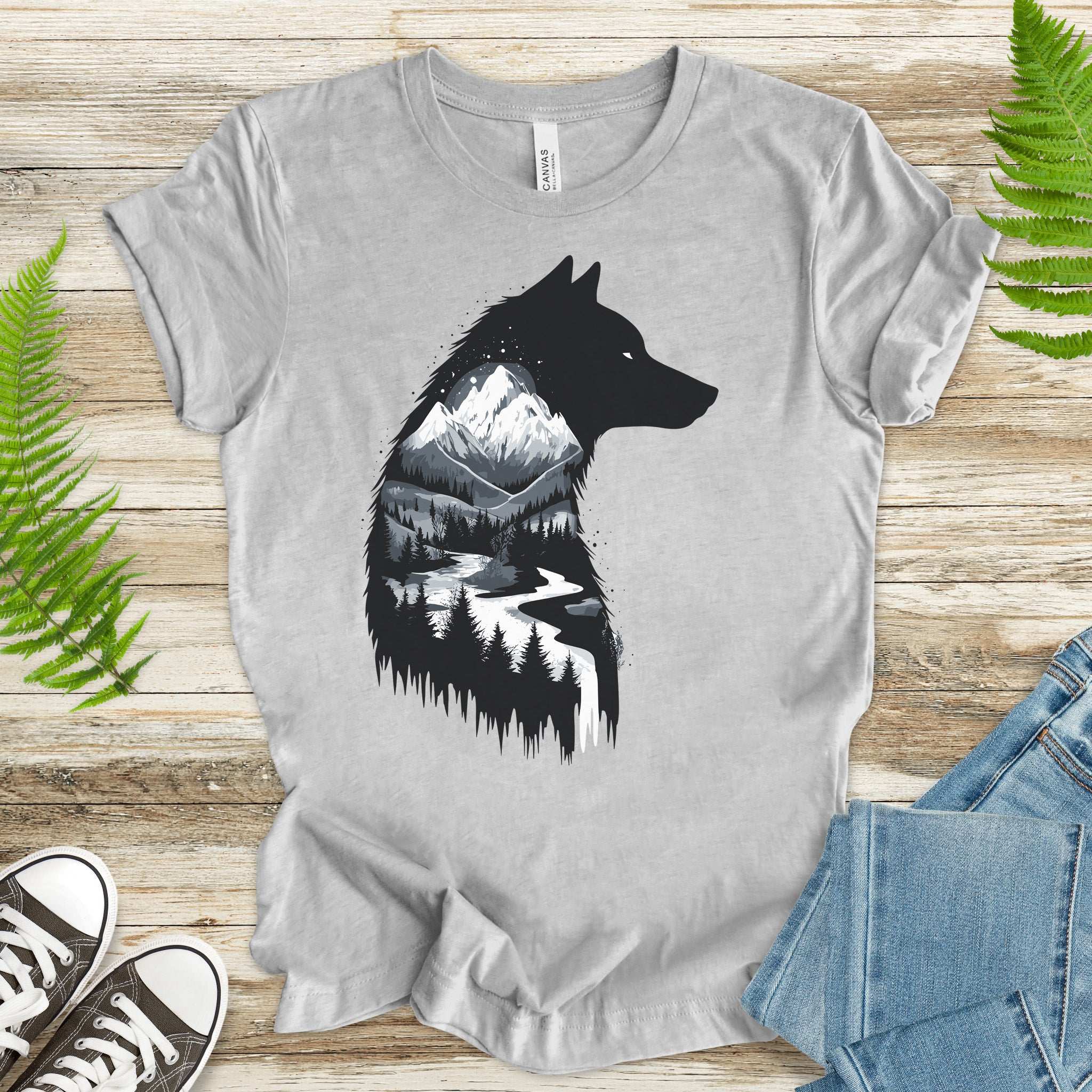 Wolf Mountain Spirit T-Shirt – Dark Forest Falls & Wilderness Soul Tee