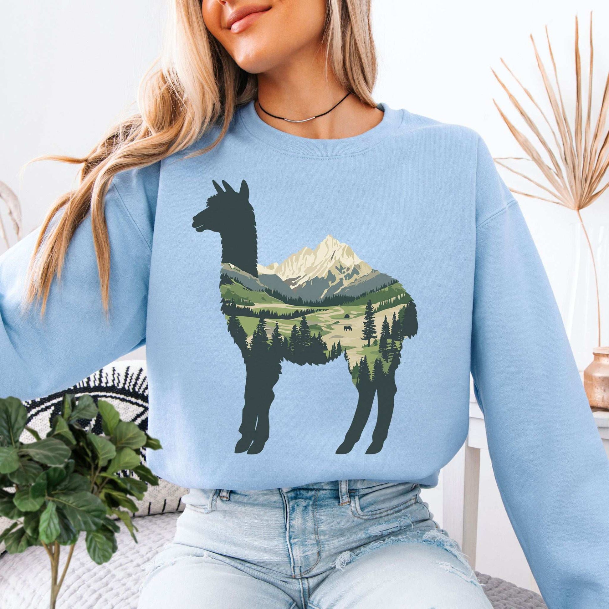 Alpine Alpaca Mountain Sweatshirt – Serene Highland Spirit Animal Design