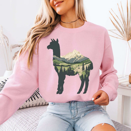 Alpine Alpaca Mountain Sweatshirt – Serene Highland Spirit Animal Design