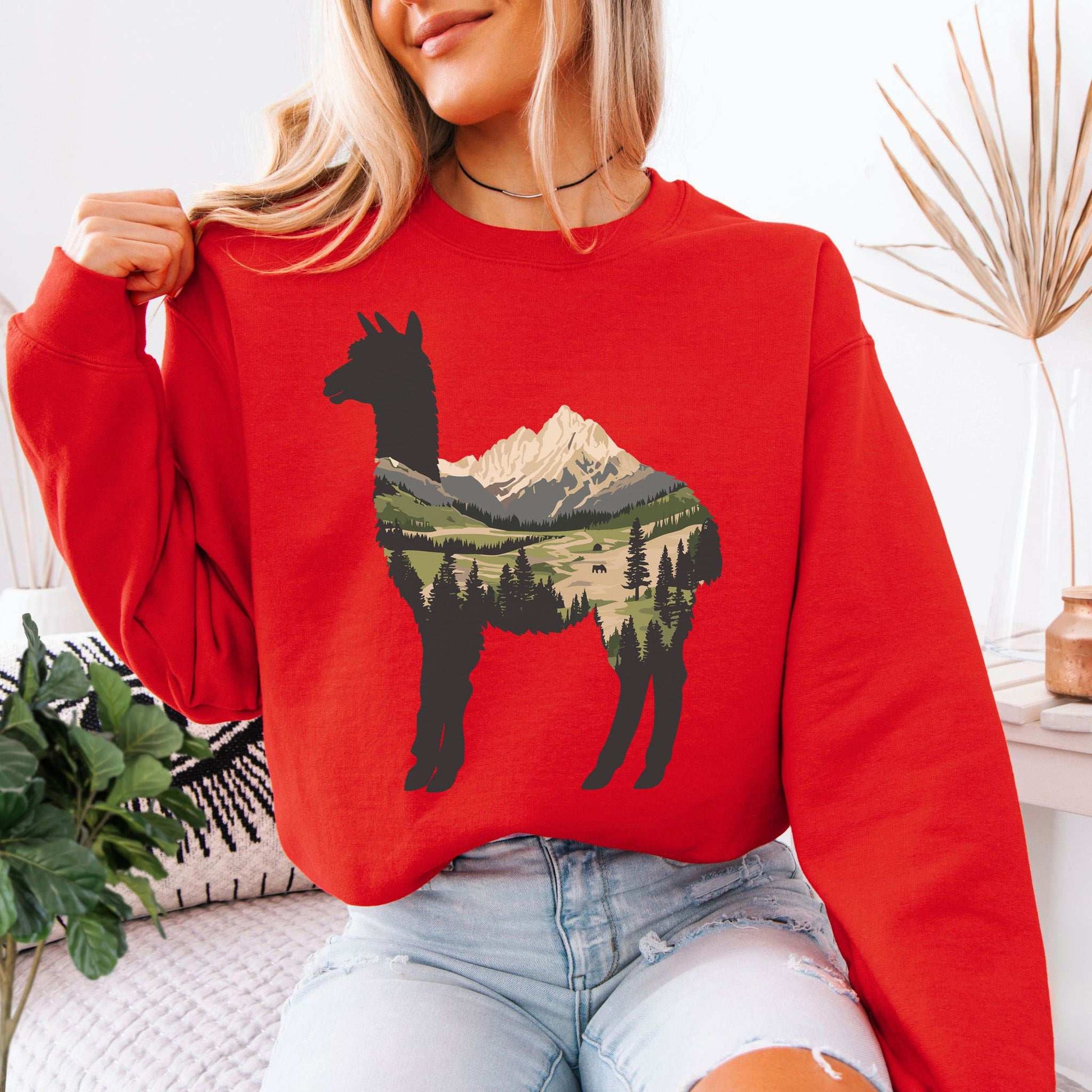 Alpine Alpaca Mountain Sweatshirt – Serene Highland Spirit Animal Design