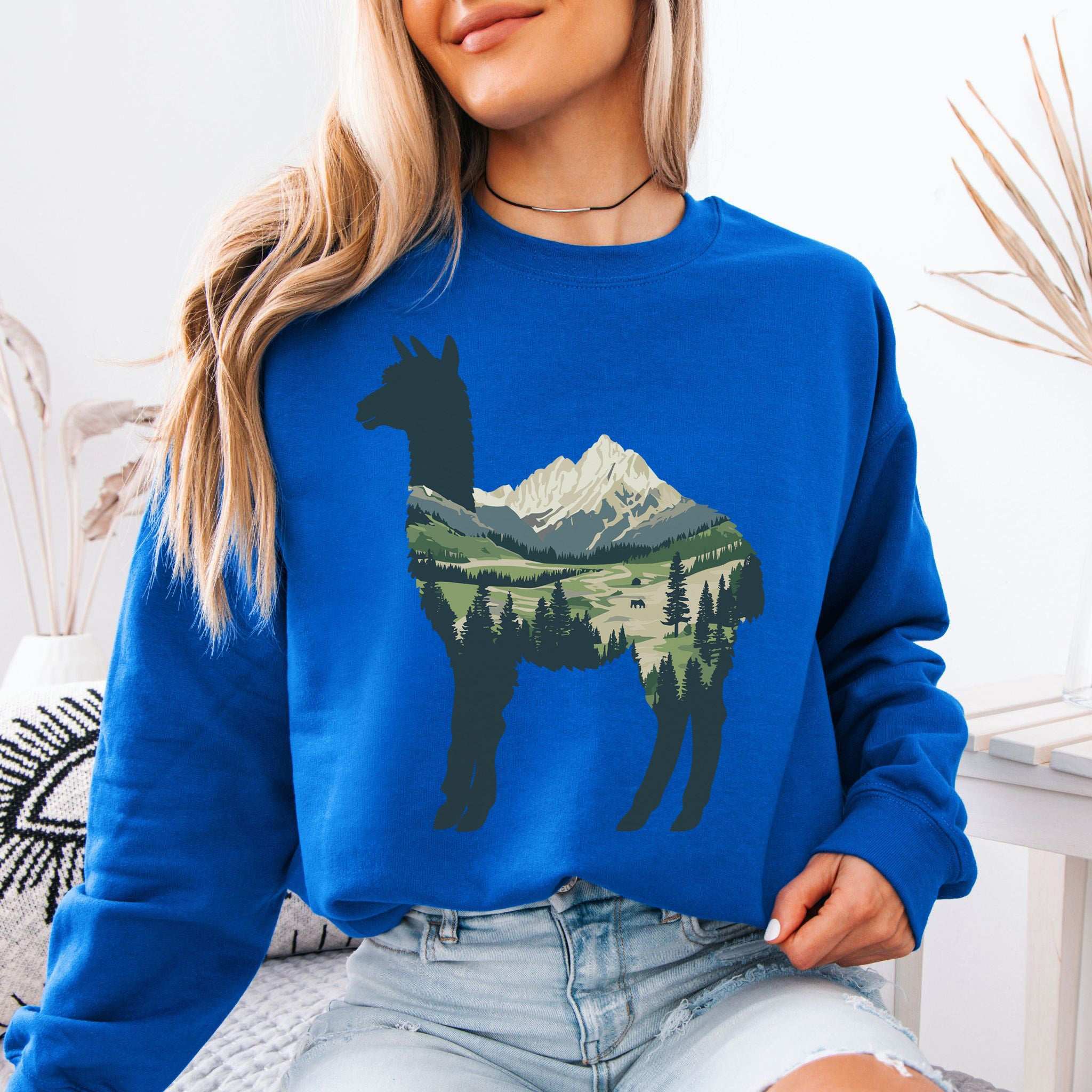 Alpine Alpaca Mountain Sweatshirt – Serene Highland Spirit Animal Design