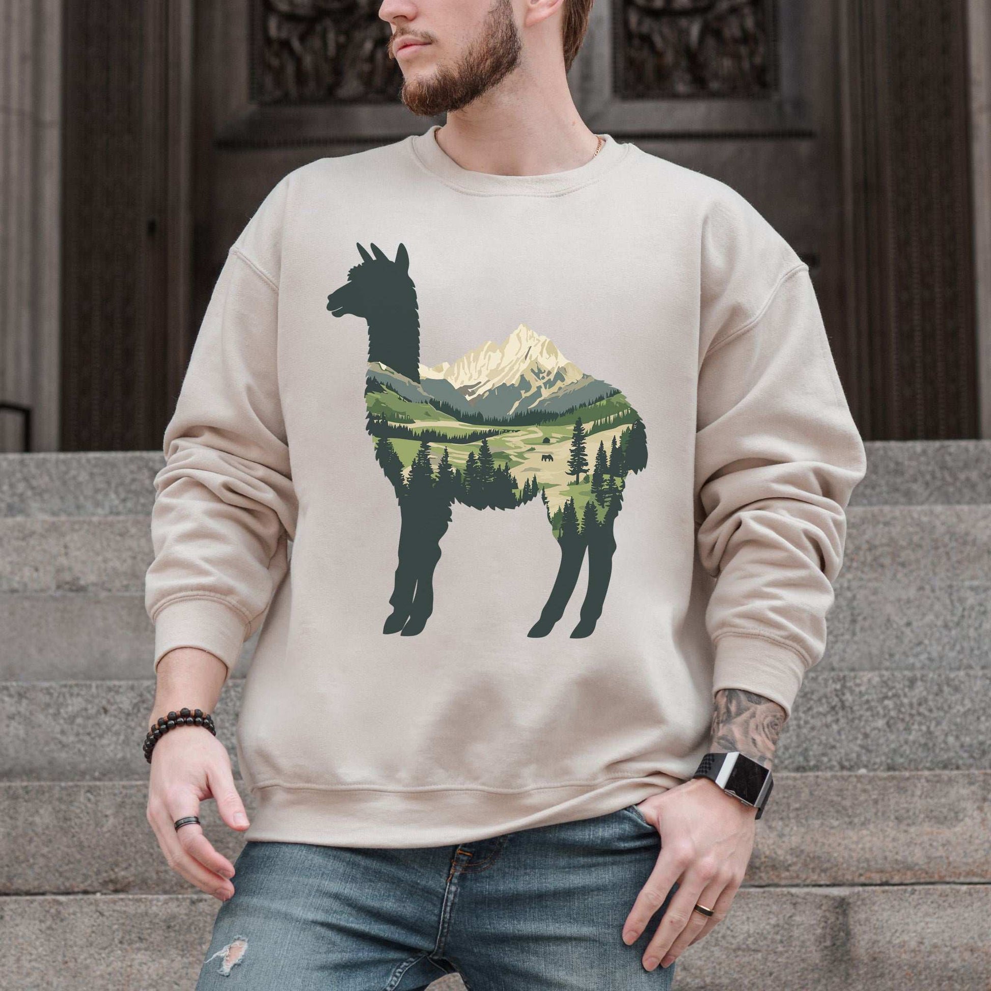 Alpine Alpaca Mountain Sweatshirt – Serene Highland Spirit Animal Design