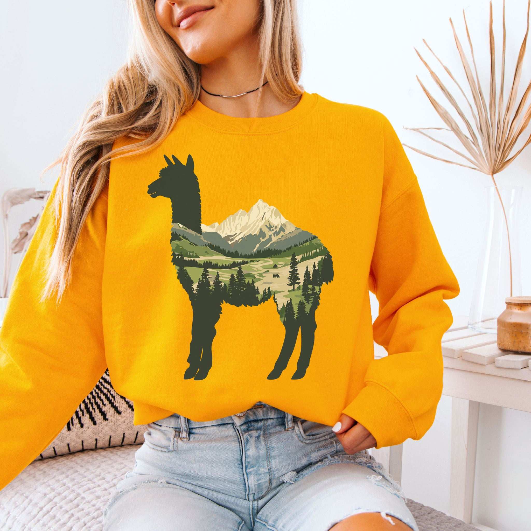 Alpine Alpaca Mountain Sweatshirt – Serene Highland Spirit Animal Design