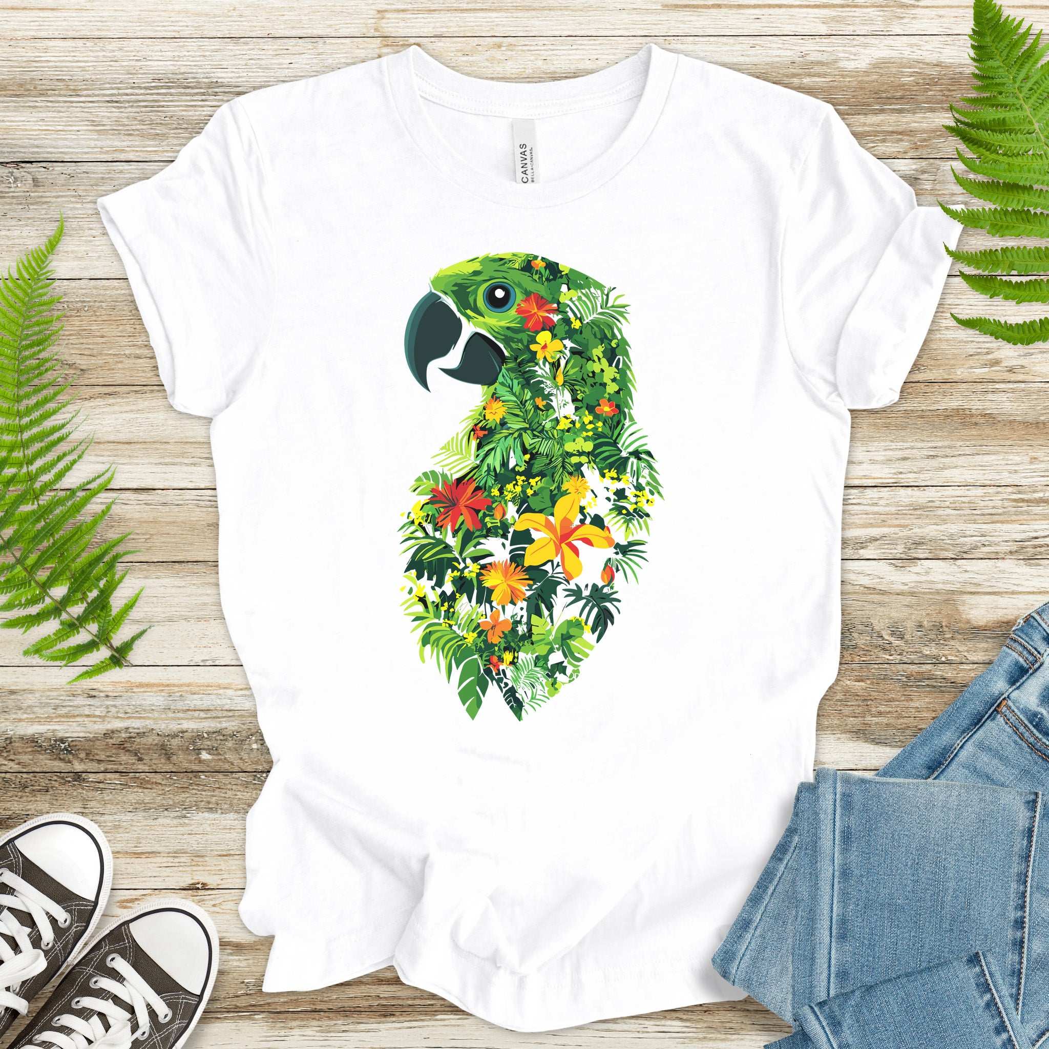 Tropical Parrot Jungle T-Shirt – Vibrant Floral Bird Lover Tee