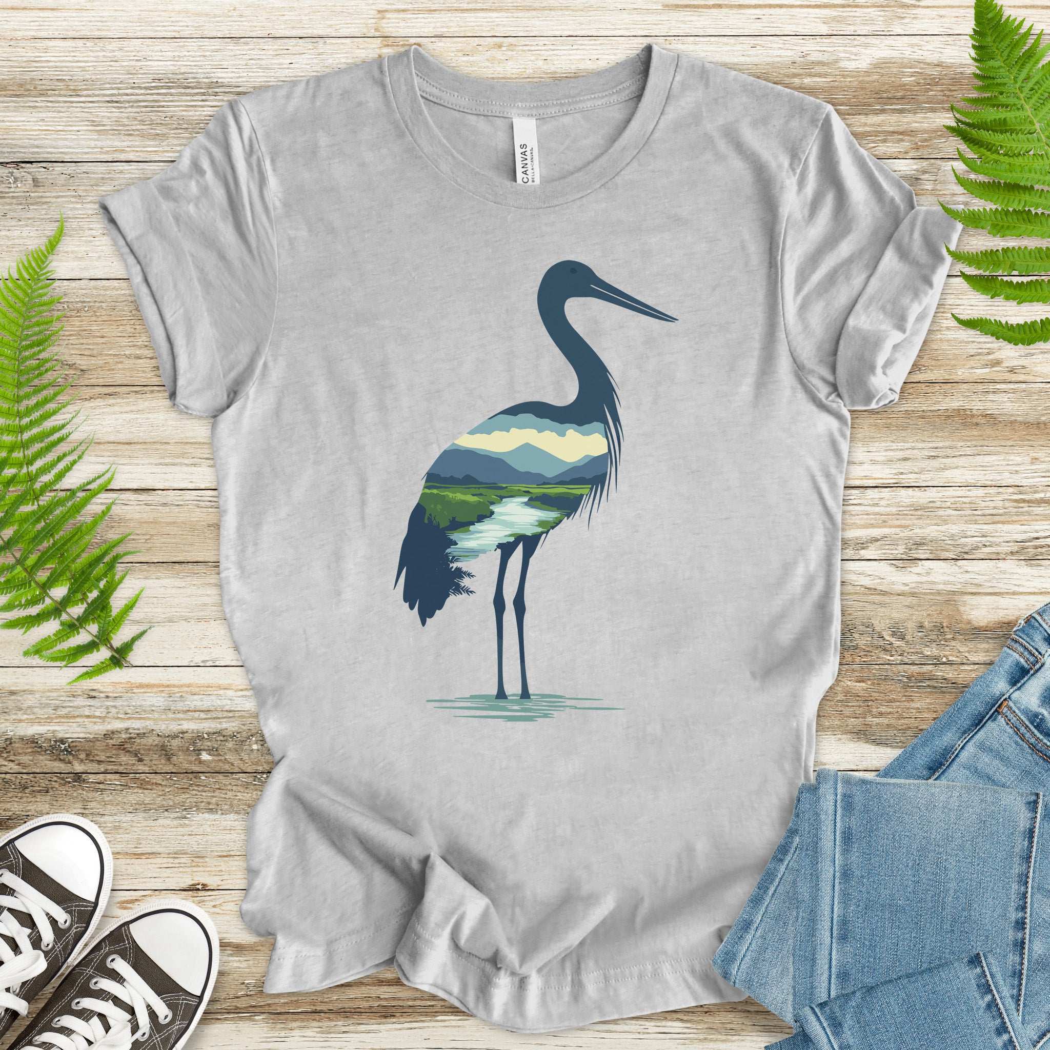 River Valley Stork T-Shirt – Serene Nature Spirit Bird Tee