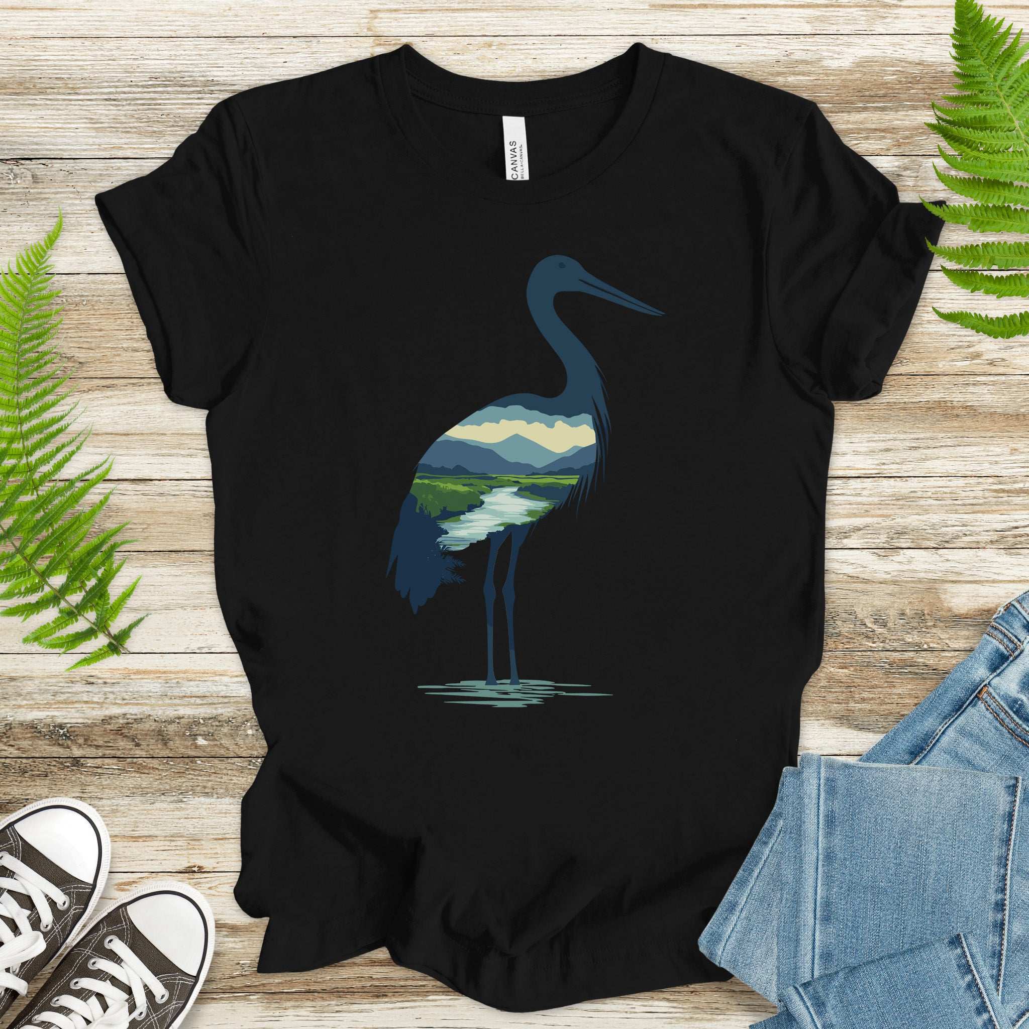 River Valley Stork T-Shirt – Serene Nature Spirit Bird Tee