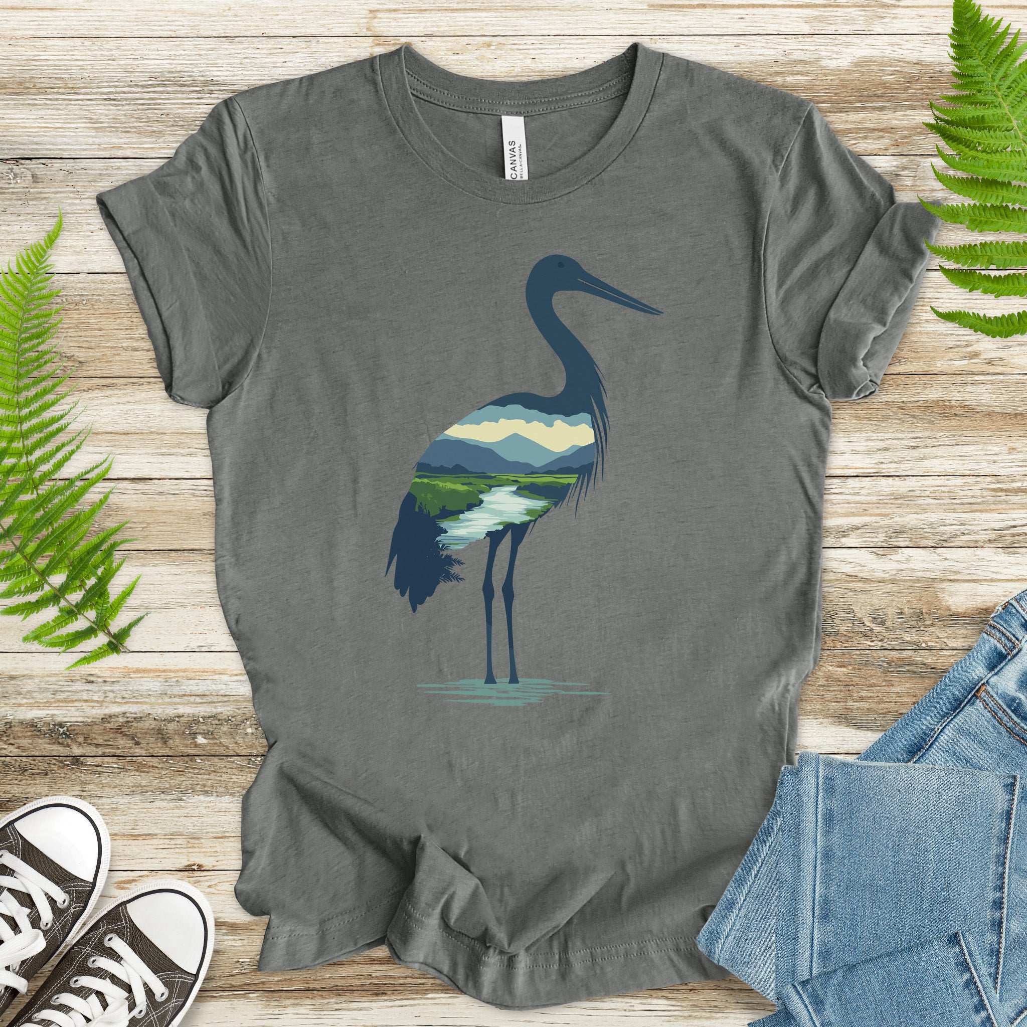River Valley Stork T-Shirt – Serene Nature Spirit Bird Tee