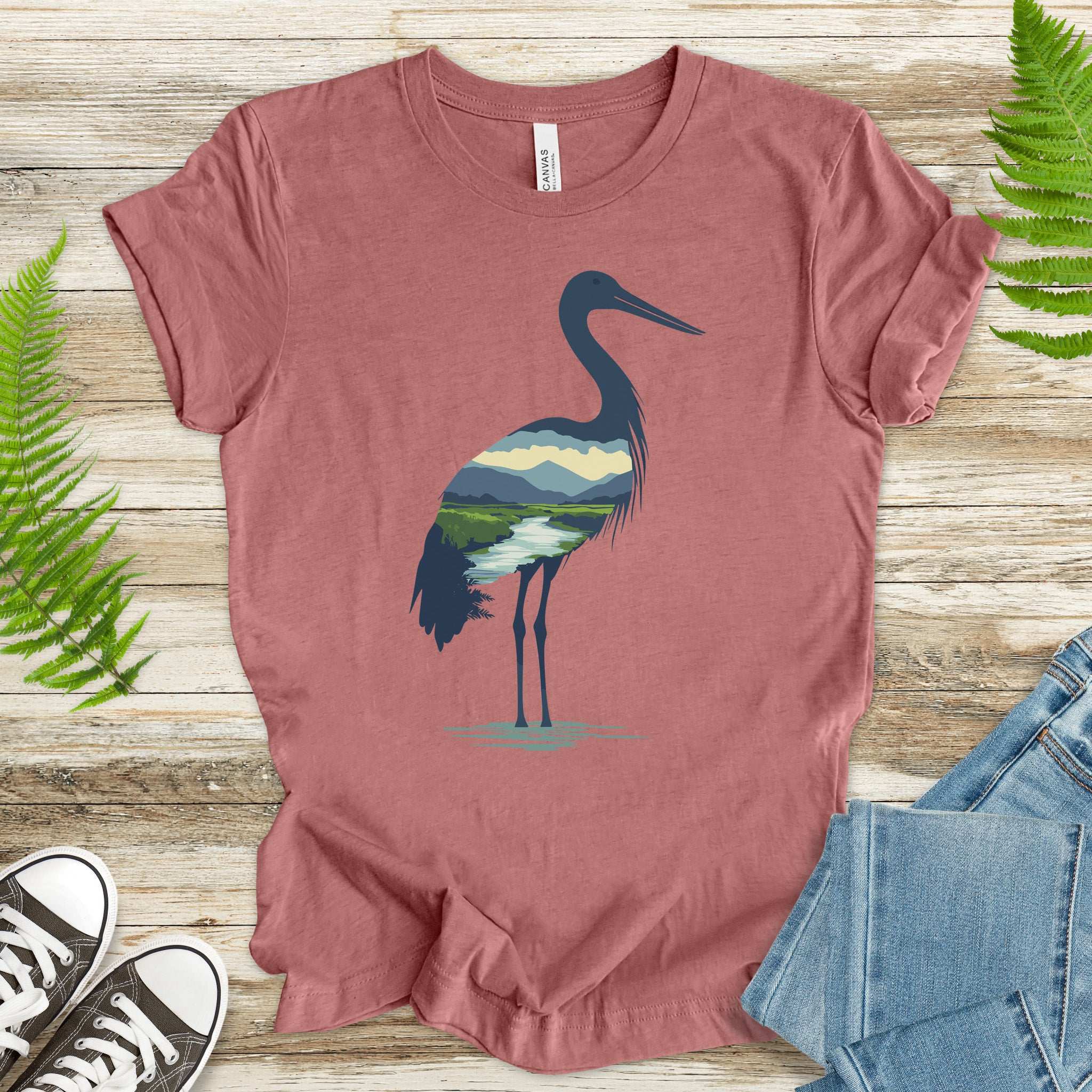 River Valley Stork T-Shirt – Serene Nature Spirit Bird Tee