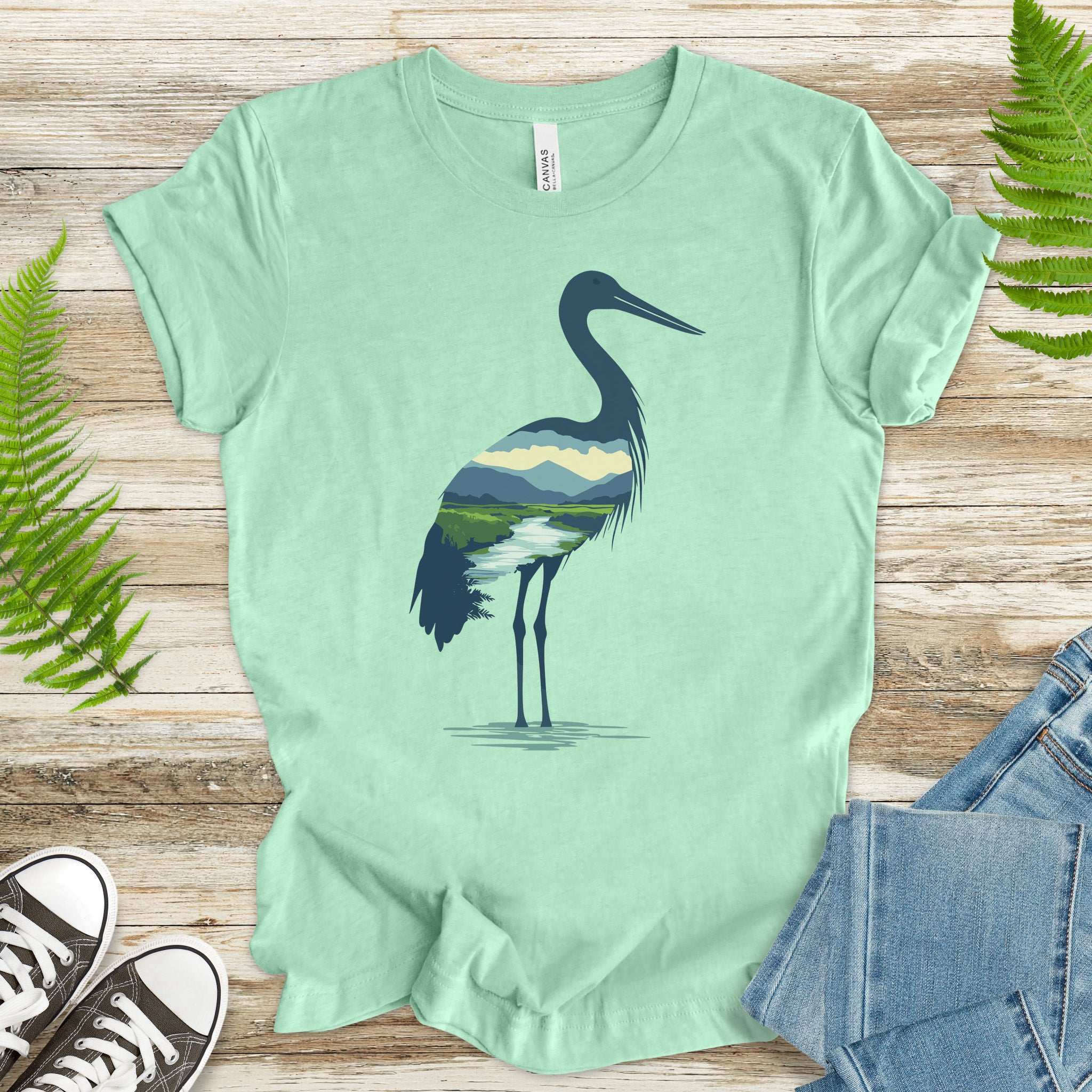 River Valley Stork T-Shirt – Serene Nature Spirit Bird Tee