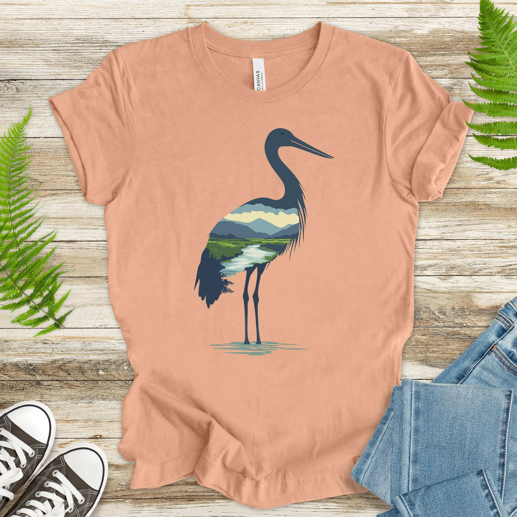 River Valley Stork T-Shirt – Serene Nature Spirit Bird Tee