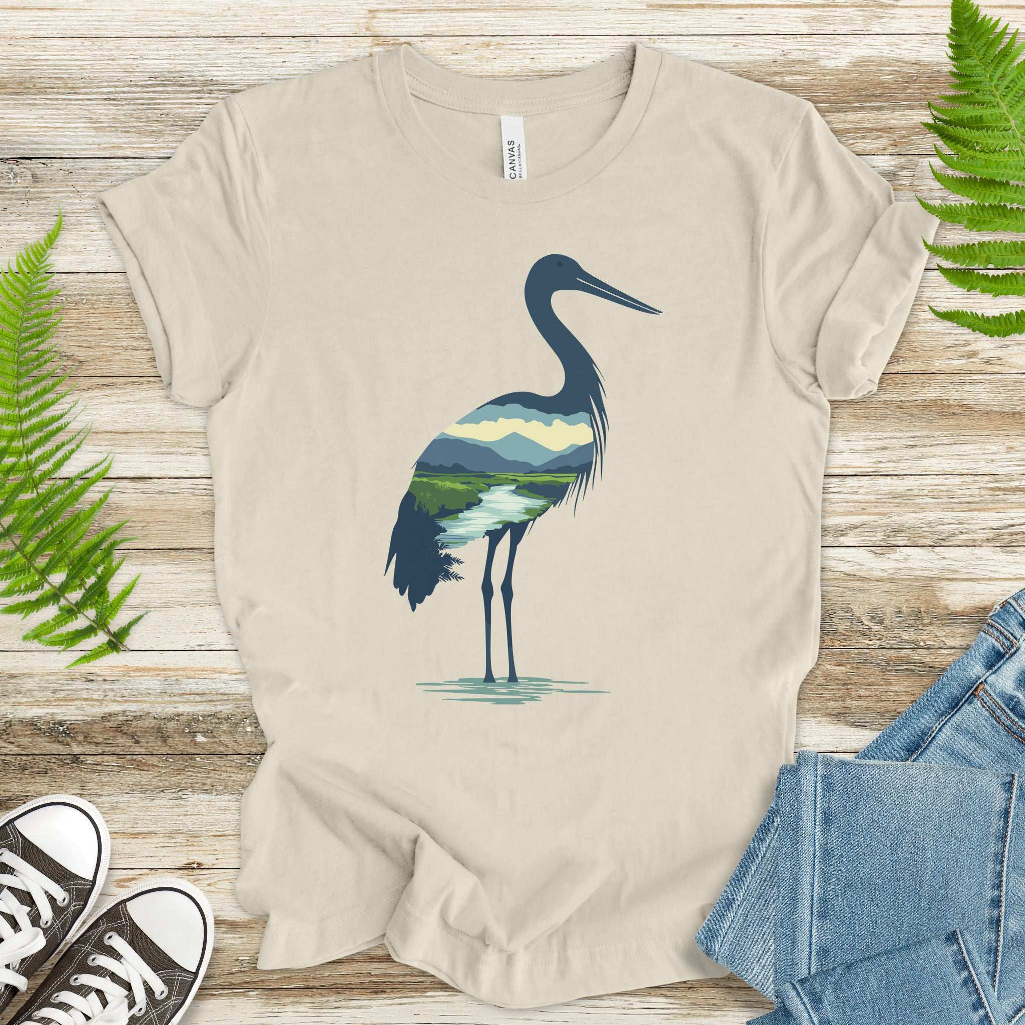 River Valley Stork T-Shirt – Serene Nature Spirit Bird Tee