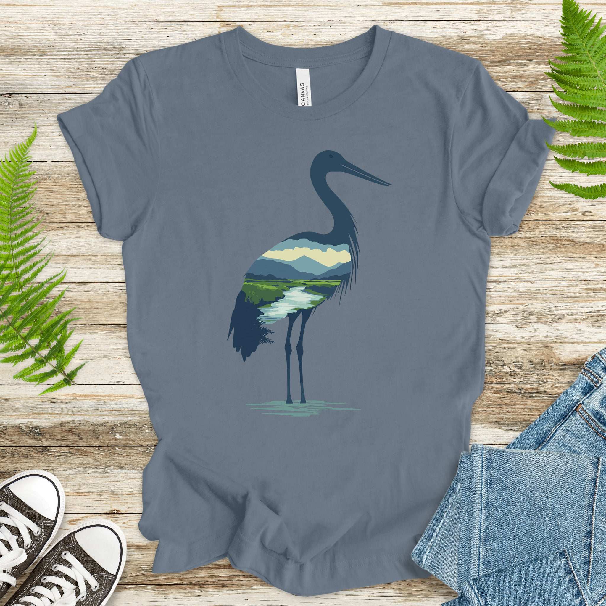 River Valley Stork T-Shirt – Serene Nature Spirit Bird Tee