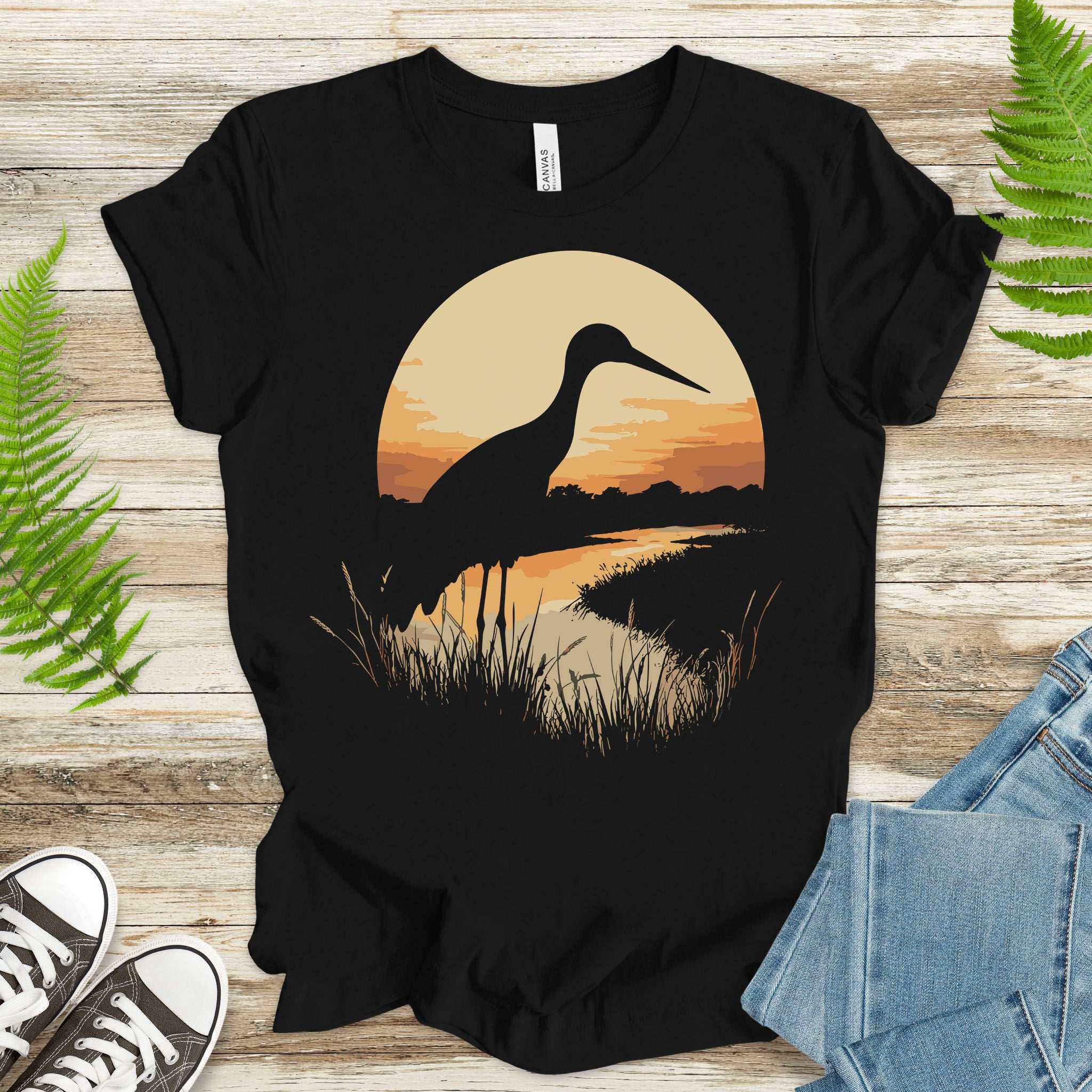 Stork River Sunset T-Shirt – Peaceful Safari Bird Lover Tee
