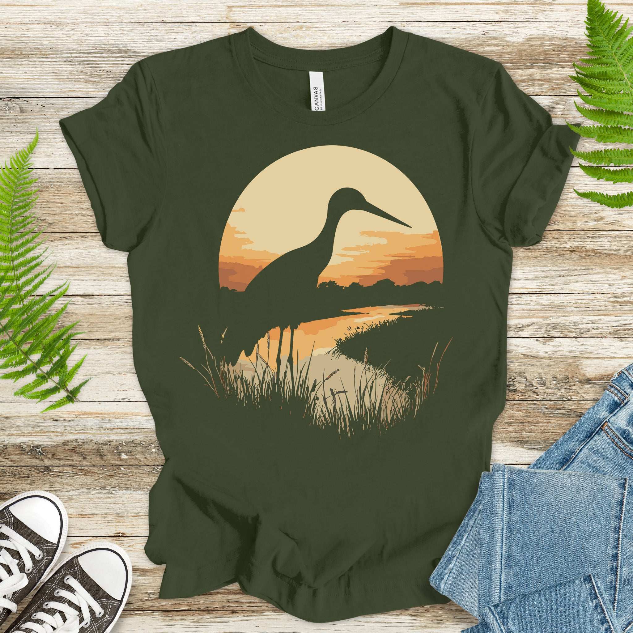 Stork River Sunset T-Shirt – Peaceful Safari Bird Lover Tee