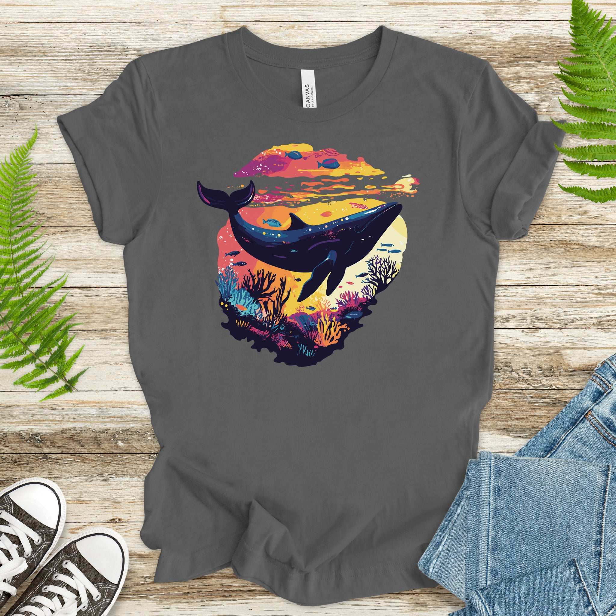 Whale in Coral Sunset T-Shirt – Dreamy Ocean Lover Graphic Tee