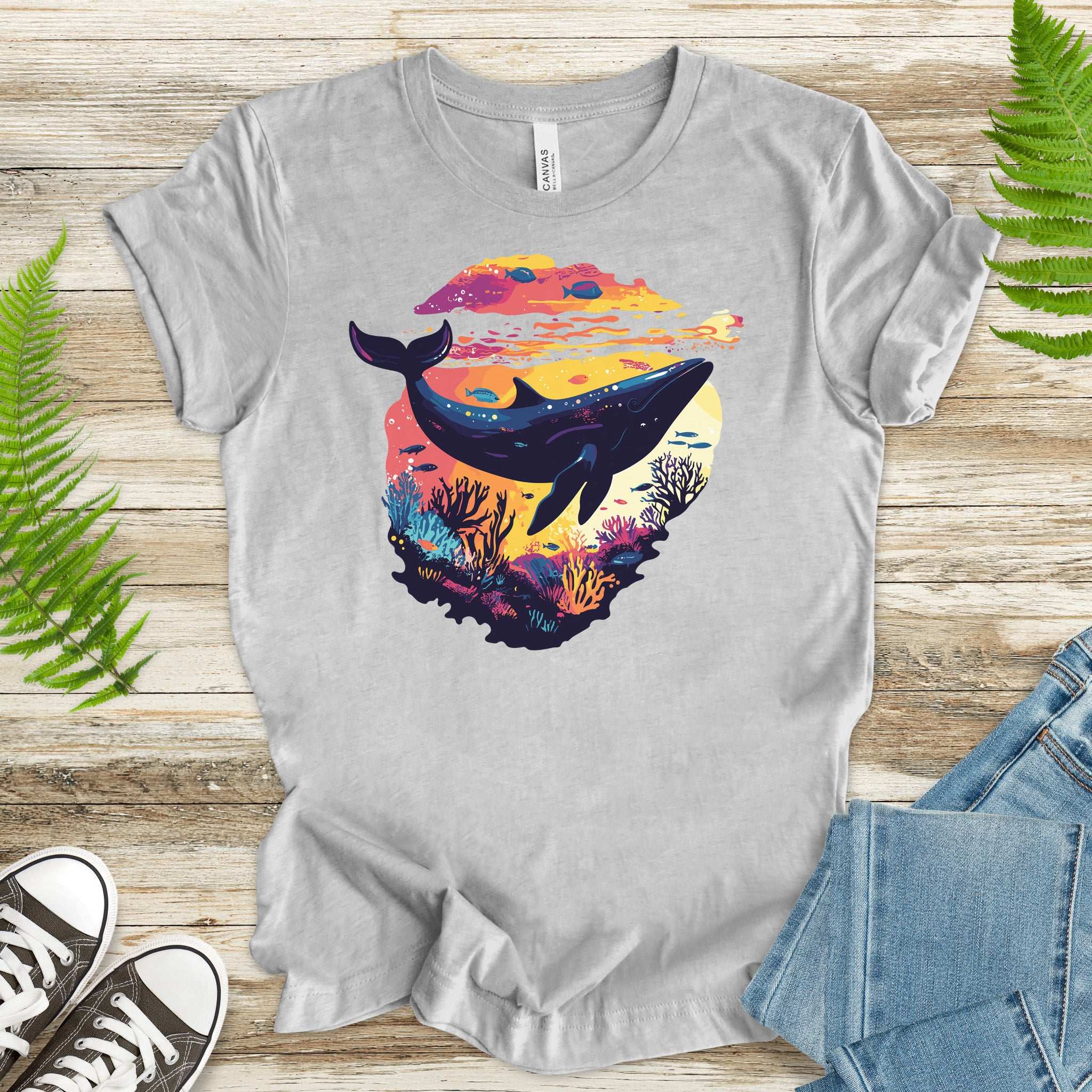 Whale in Coral Sunset T-Shirt – Dreamy Ocean Lover Graphic Tee