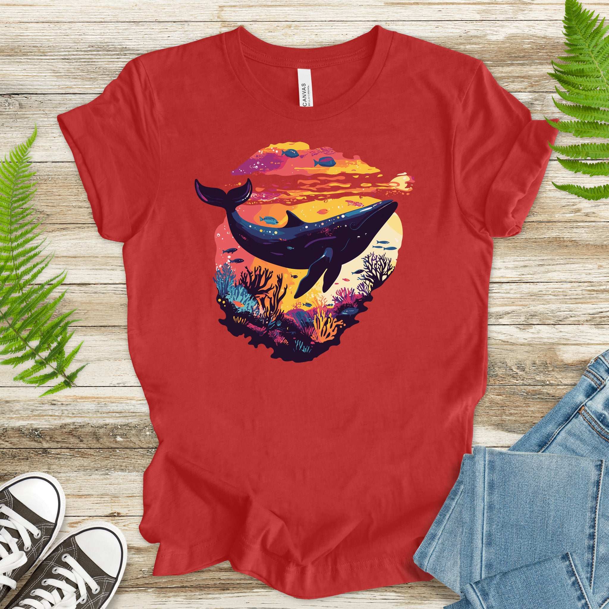 Whale in Coral Sunset T-Shirt – Dreamy Ocean Lover Graphic Tee