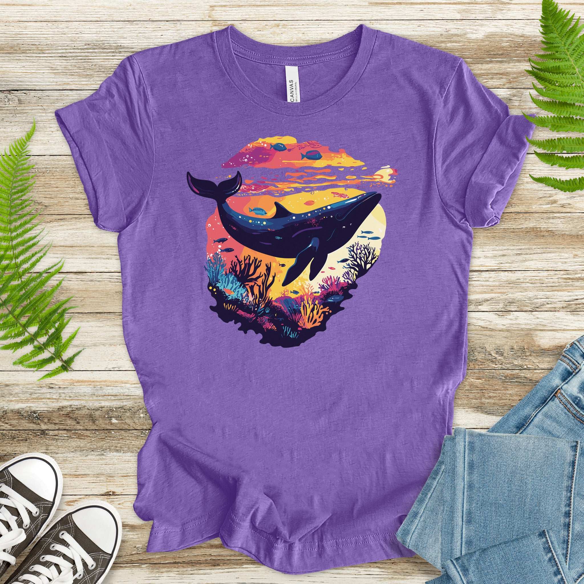 Whale in Coral Sunset T-Shirt – Dreamy Ocean Lover Graphic Tee