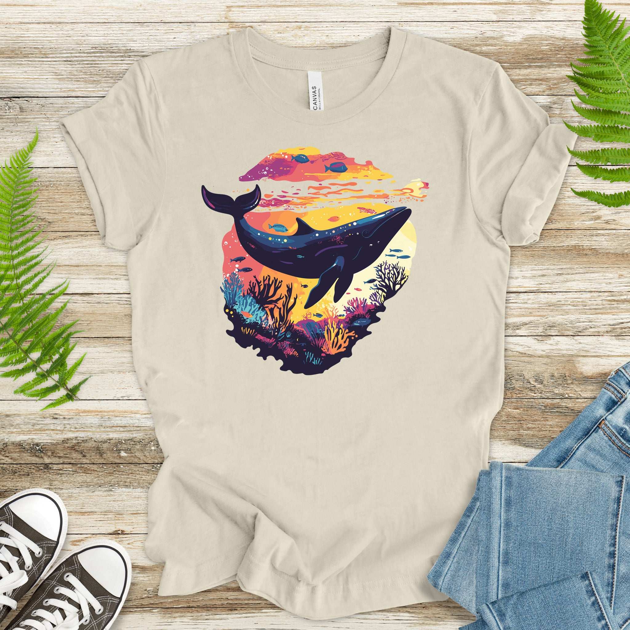 Whale in Coral Sunset T-Shirt – Dreamy Ocean Lover Graphic Tee