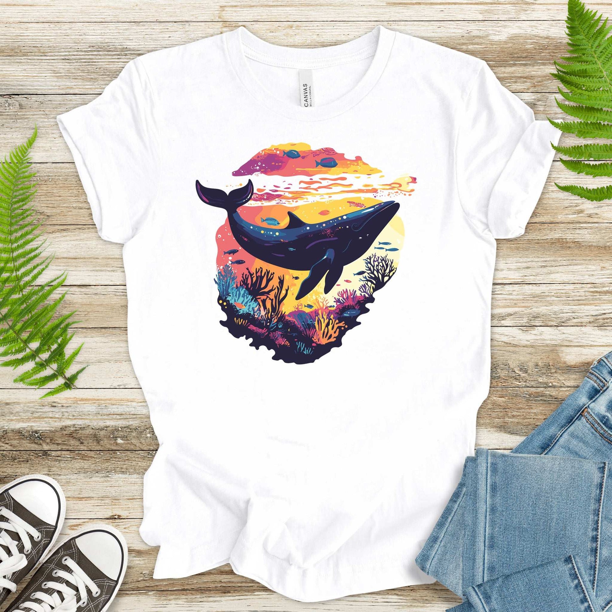 Whale in Coral Sunset T-Shirt – Dreamy Ocean Lover Graphic Tee