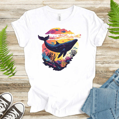 Whale in Coral Sunset T-Shirt – Dreamy Ocean Lover Graphic Tee