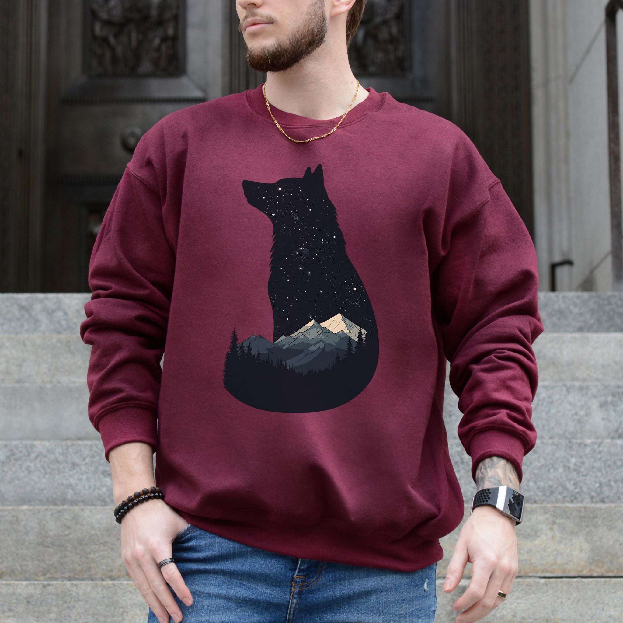 Wolf Silhouette Night Mountain Sweatshirt – Wild & Free Spirit Animal Design