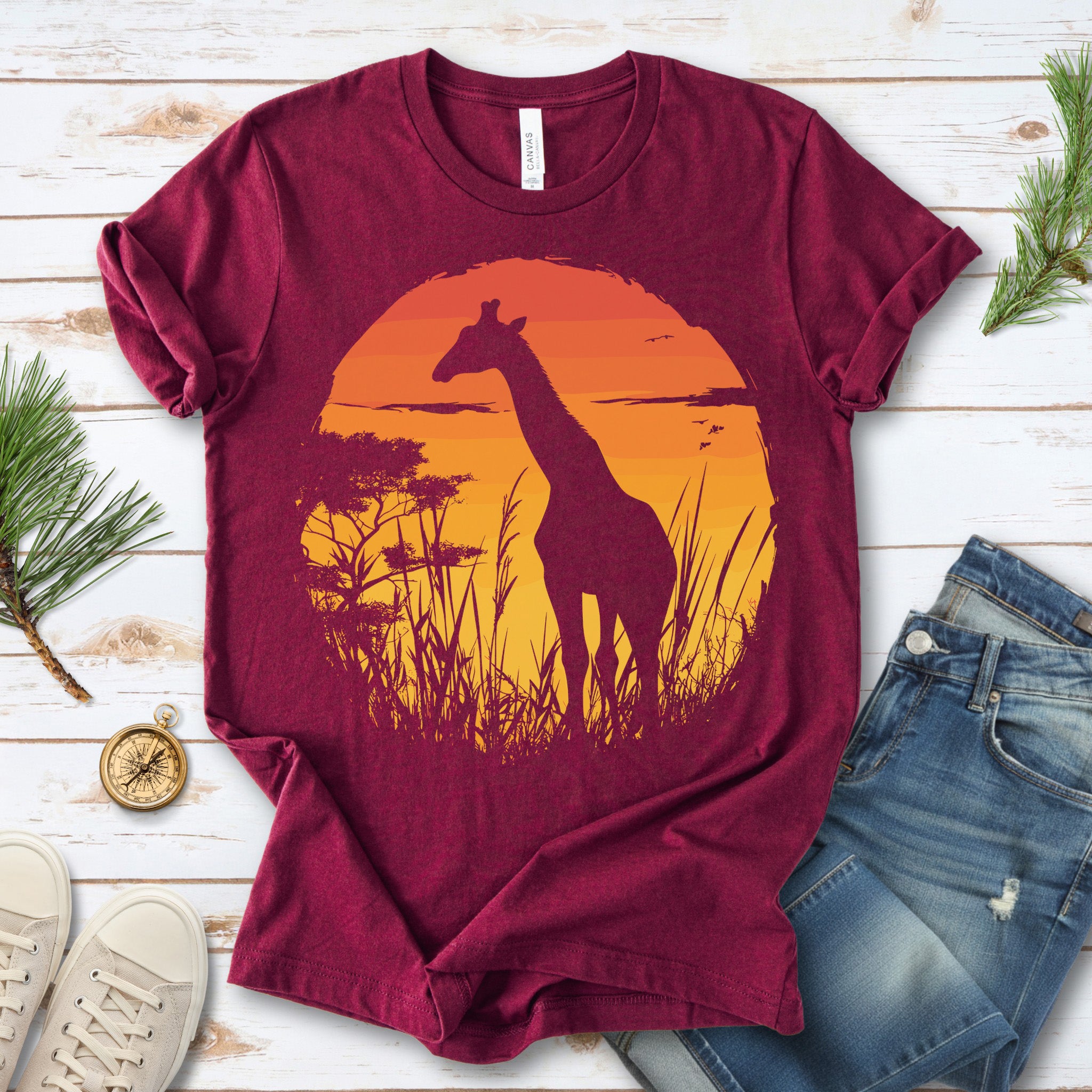 Giraffe Sunset Silhouette T-Shirt – Serene Savannah Safari Vibes