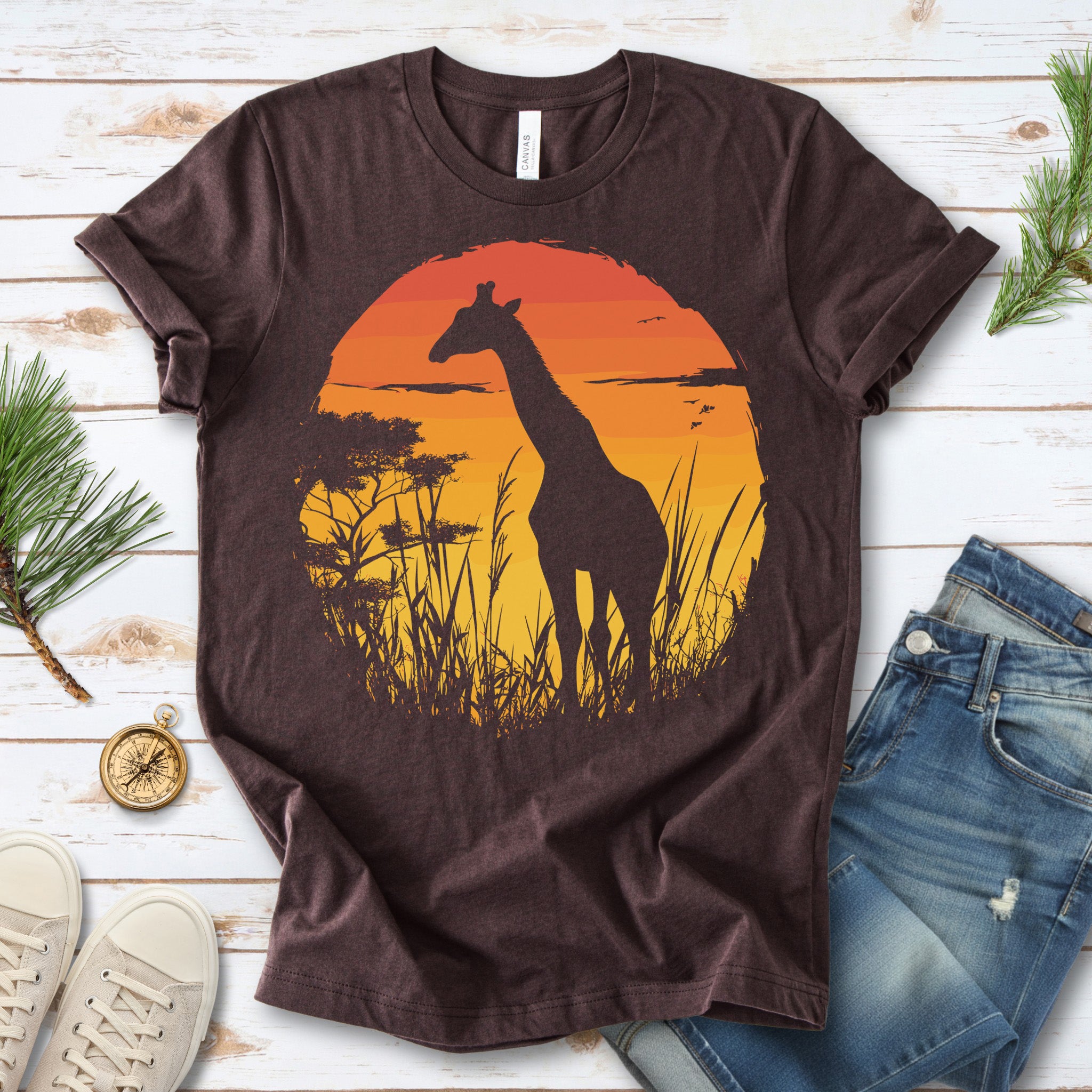Giraffe Sunset Silhouette T-Shirt – Serene Savannah Safari Vibes