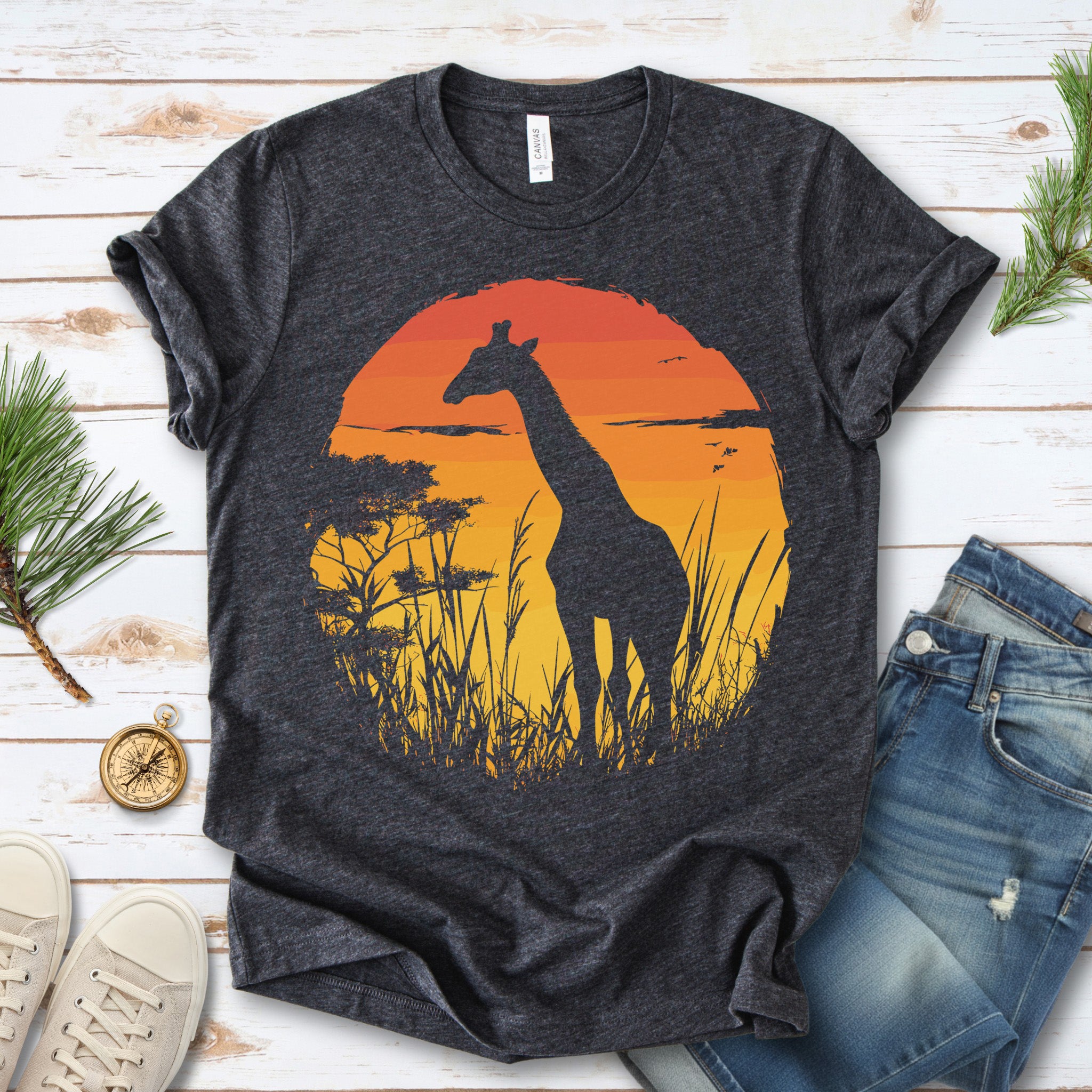 Giraffe Sunset Silhouette T-Shirt – Serene Savannah Safari Vibes