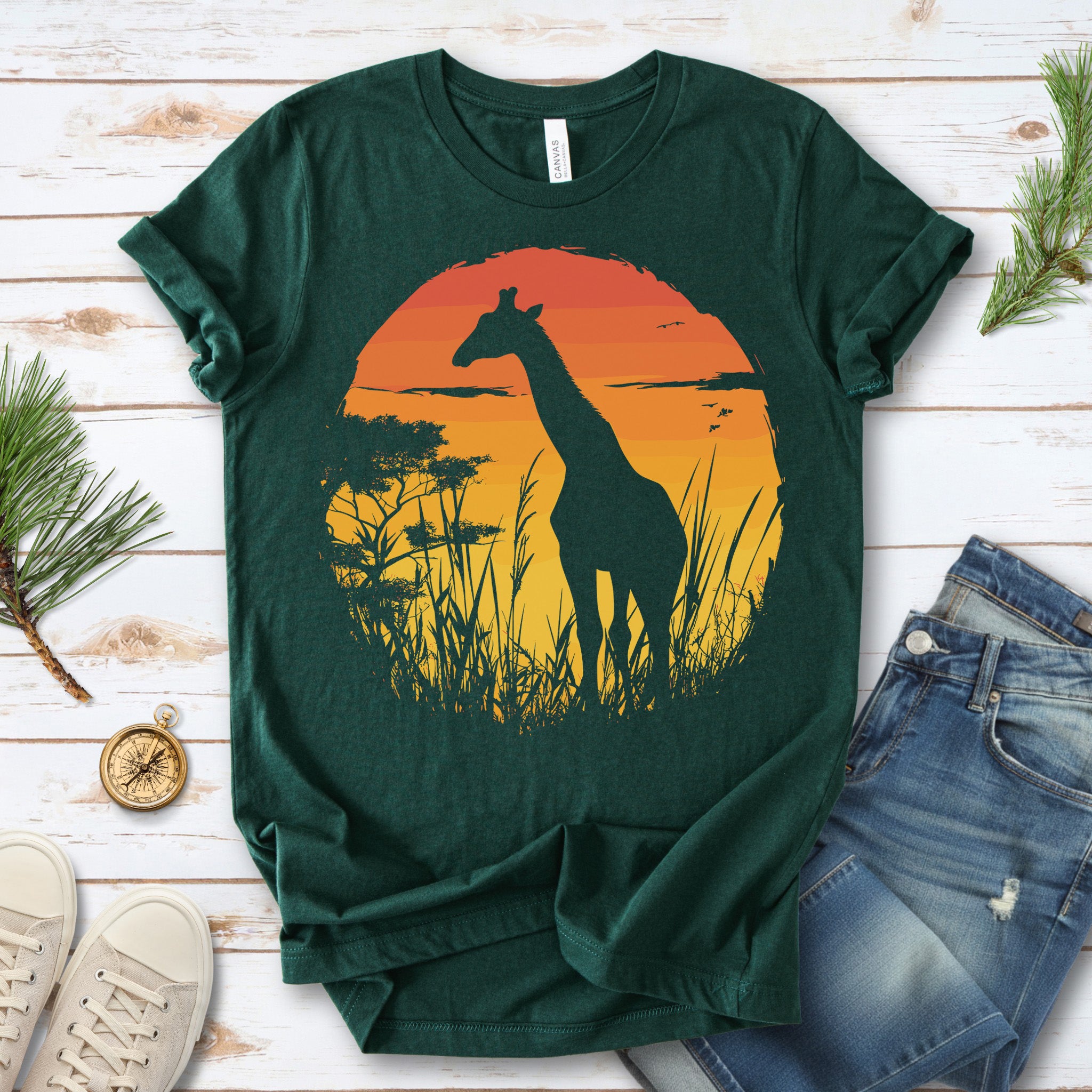 Giraffe Sunset Silhouette T-Shirt – Serene Savannah Safari Vibes