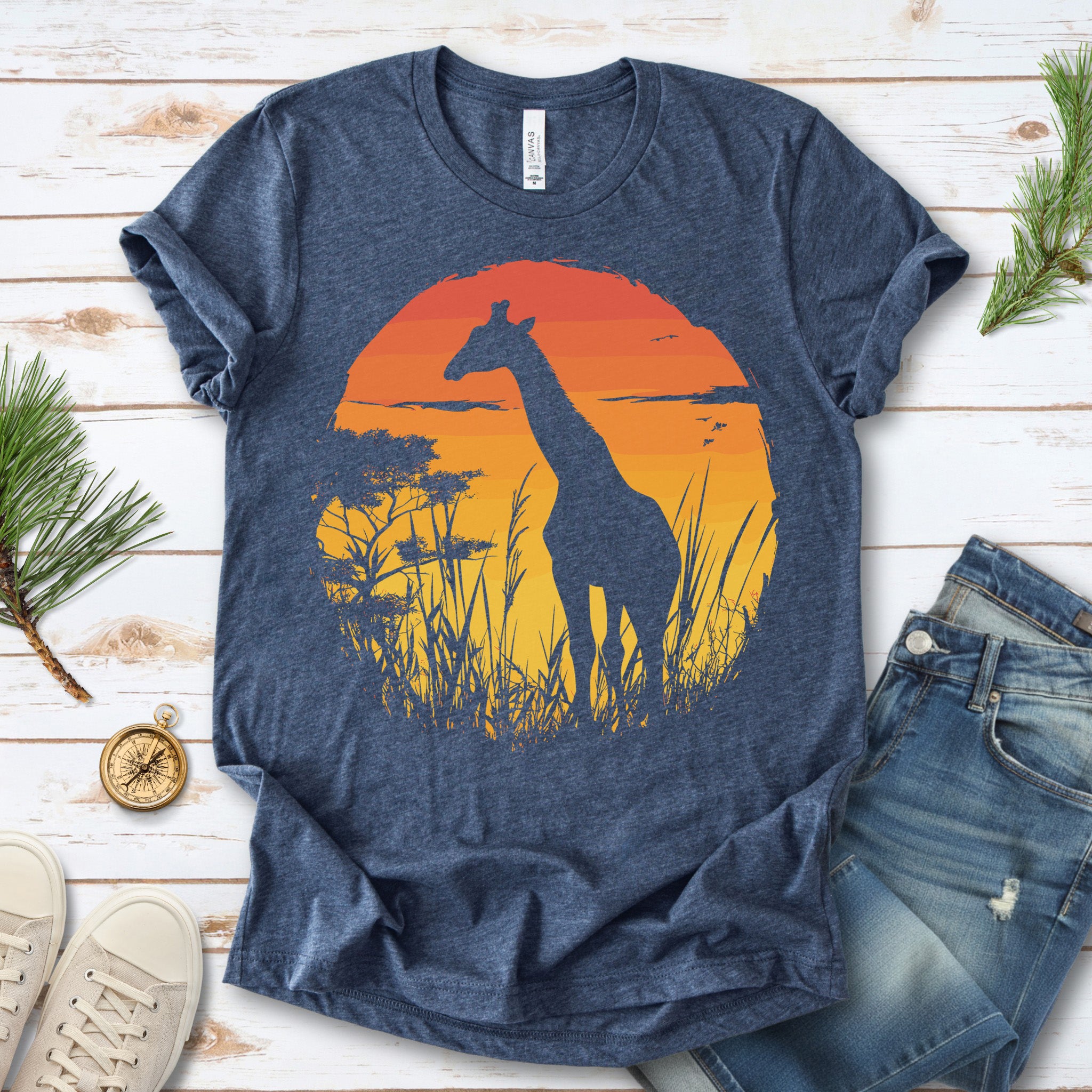 Giraffe Sunset Silhouette T-Shirt – Serene Savannah Safari Vibes