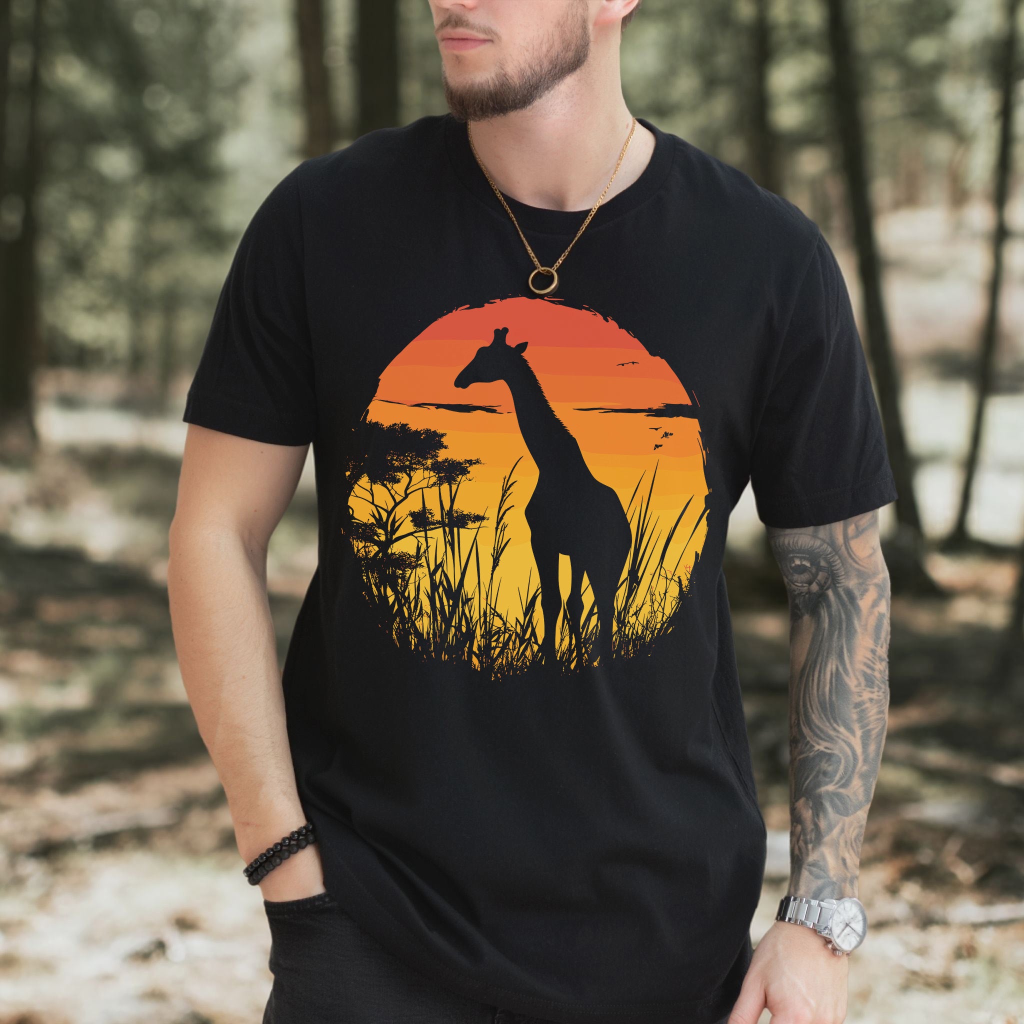 Giraffe Sunset Silhouette T-Shirt – Serene Savannah Safari Vibes