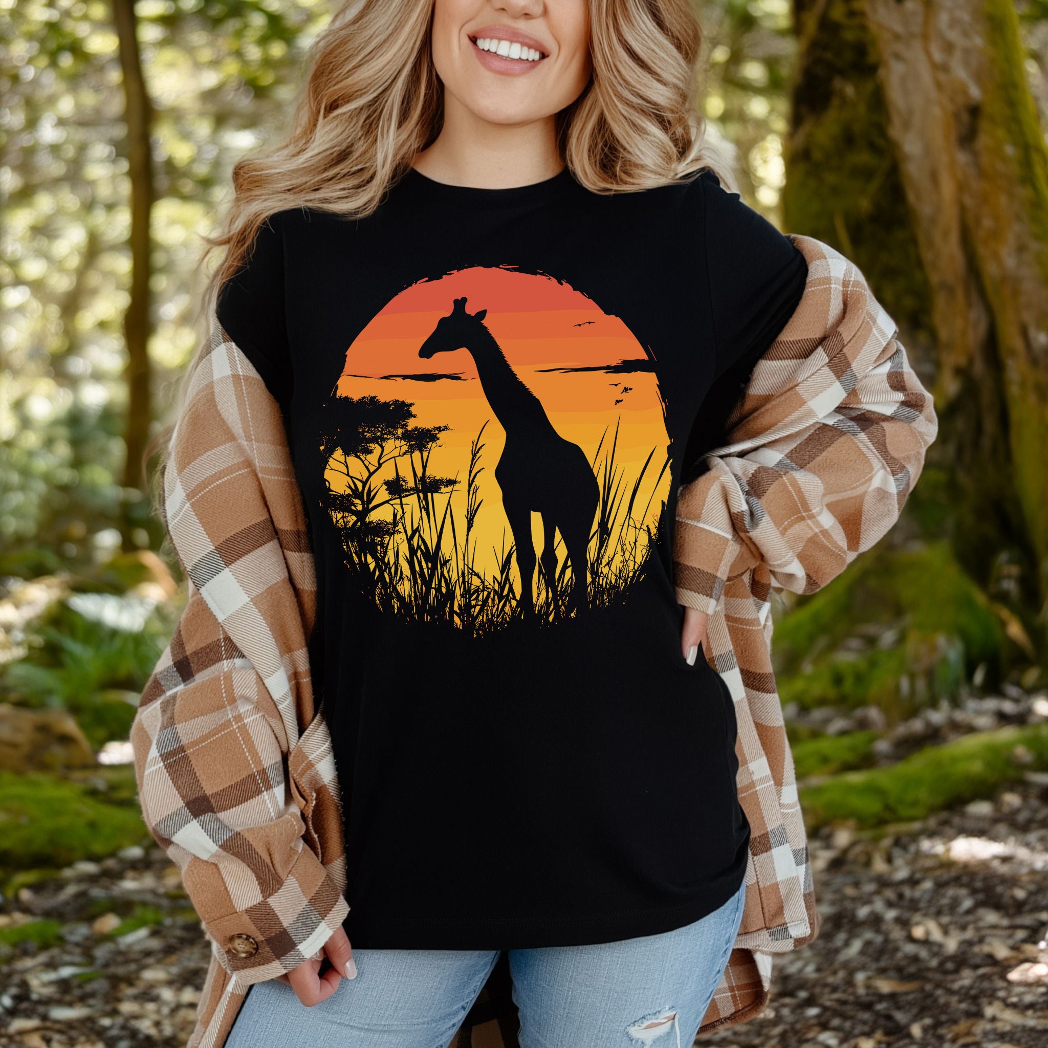 Giraffe Sunset Silhouette T-Shirt – Serene Savannah Safari Vibes