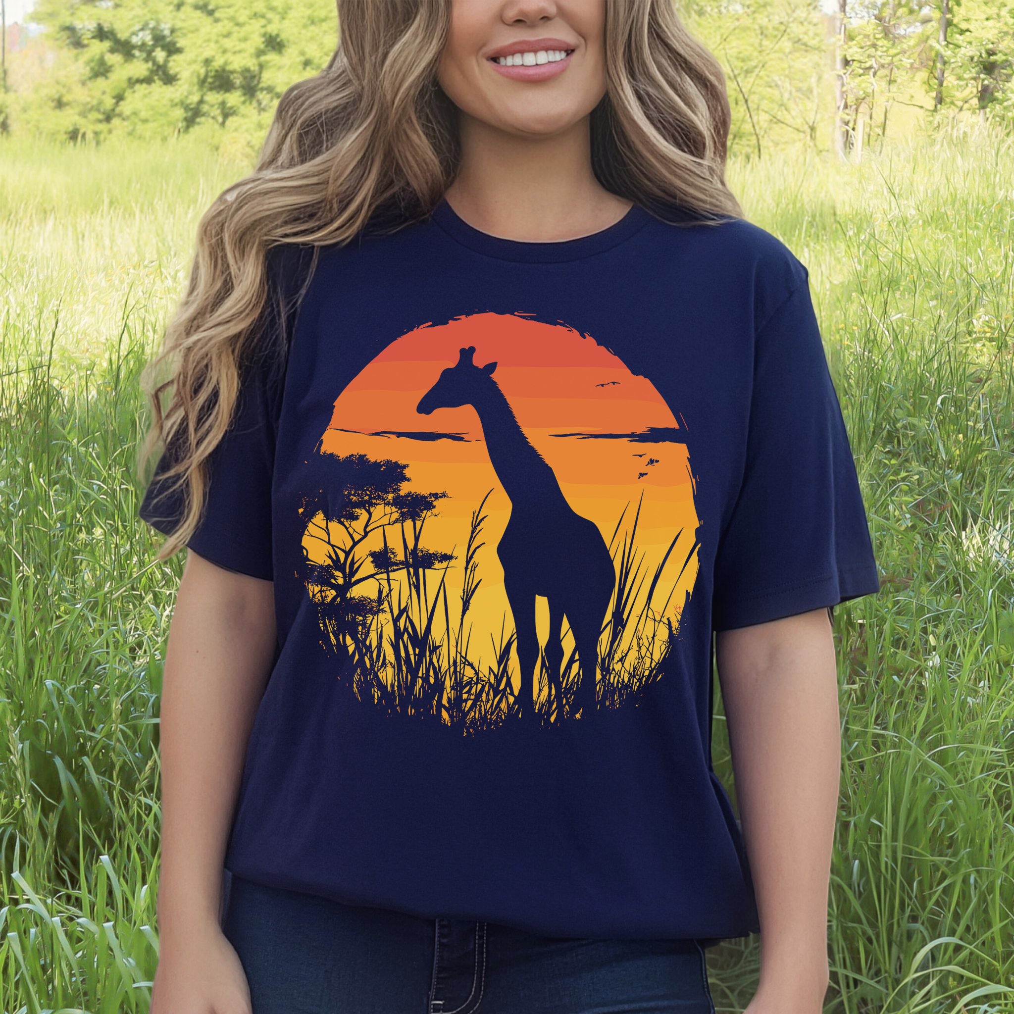 Giraffe Sunset Silhouette T-Shirt – Serene Savannah Safari Vibes