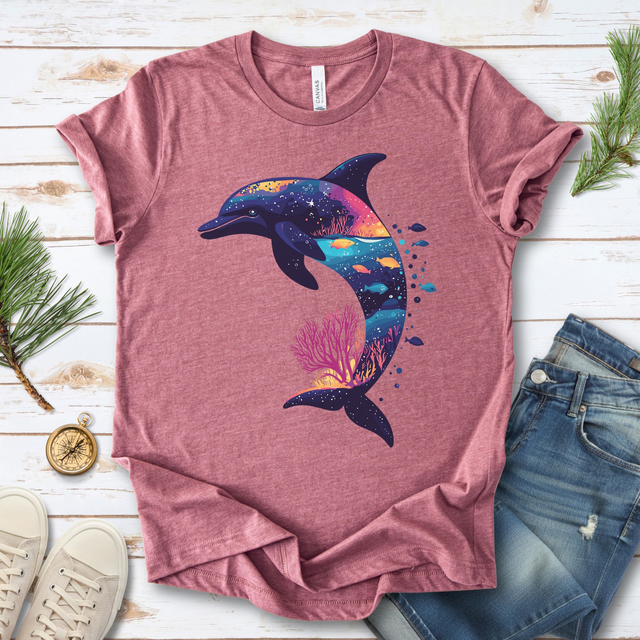 Dolphin Silhouette Coral Reef T-Shirt – Ocean Dreamscape Gift Tee