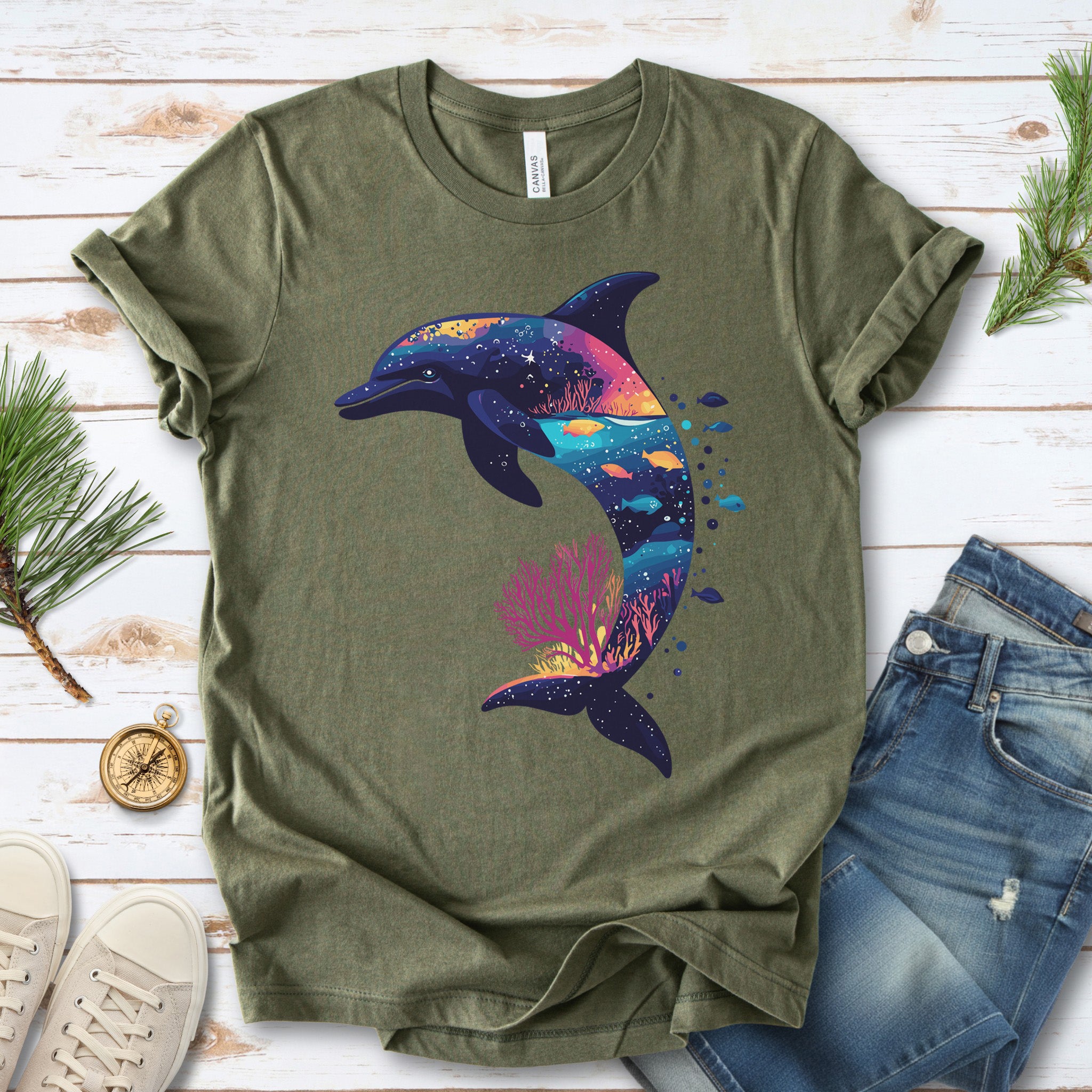 Dolphin Silhouette Coral Reef T-Shirt – Ocean Dreamscape Gift Tee