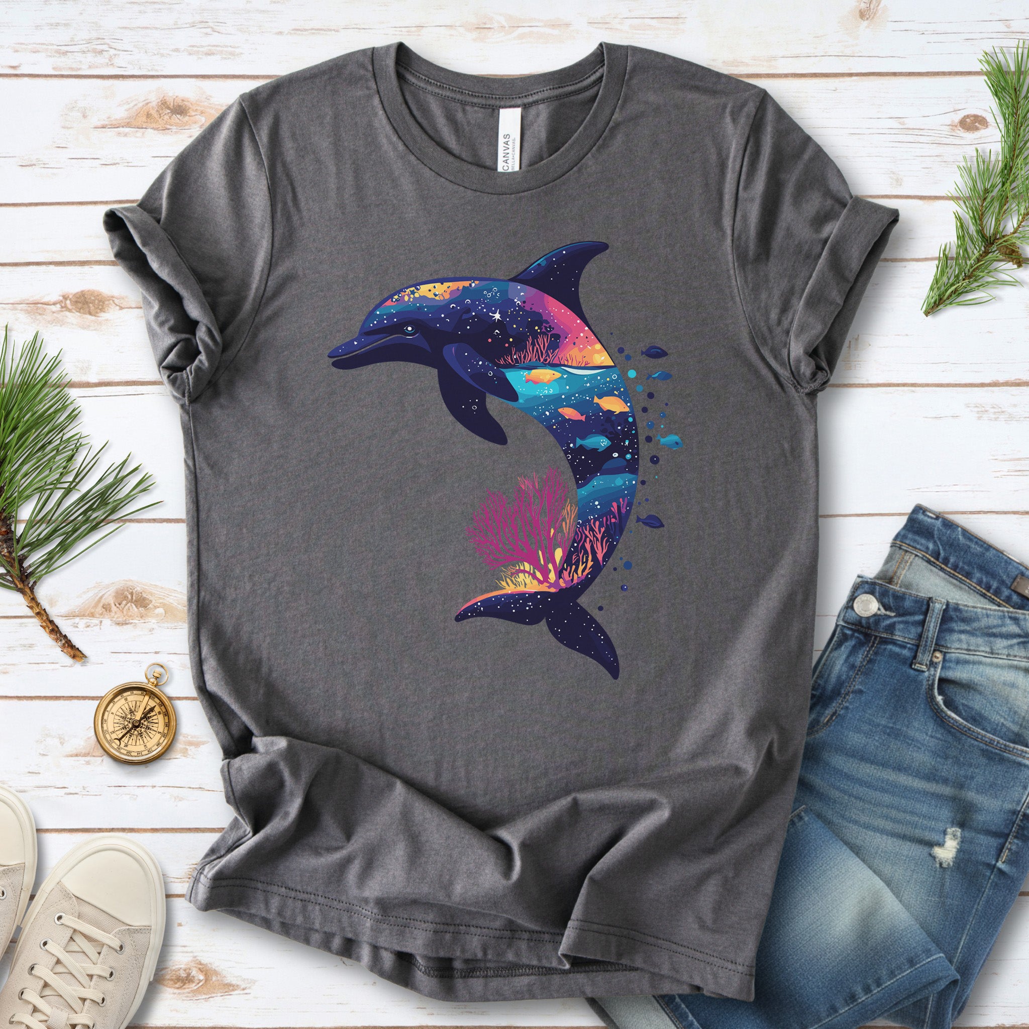 Dolphin Silhouette Coral Reef T-Shirt – Ocean Dreamscape Gift Tee
