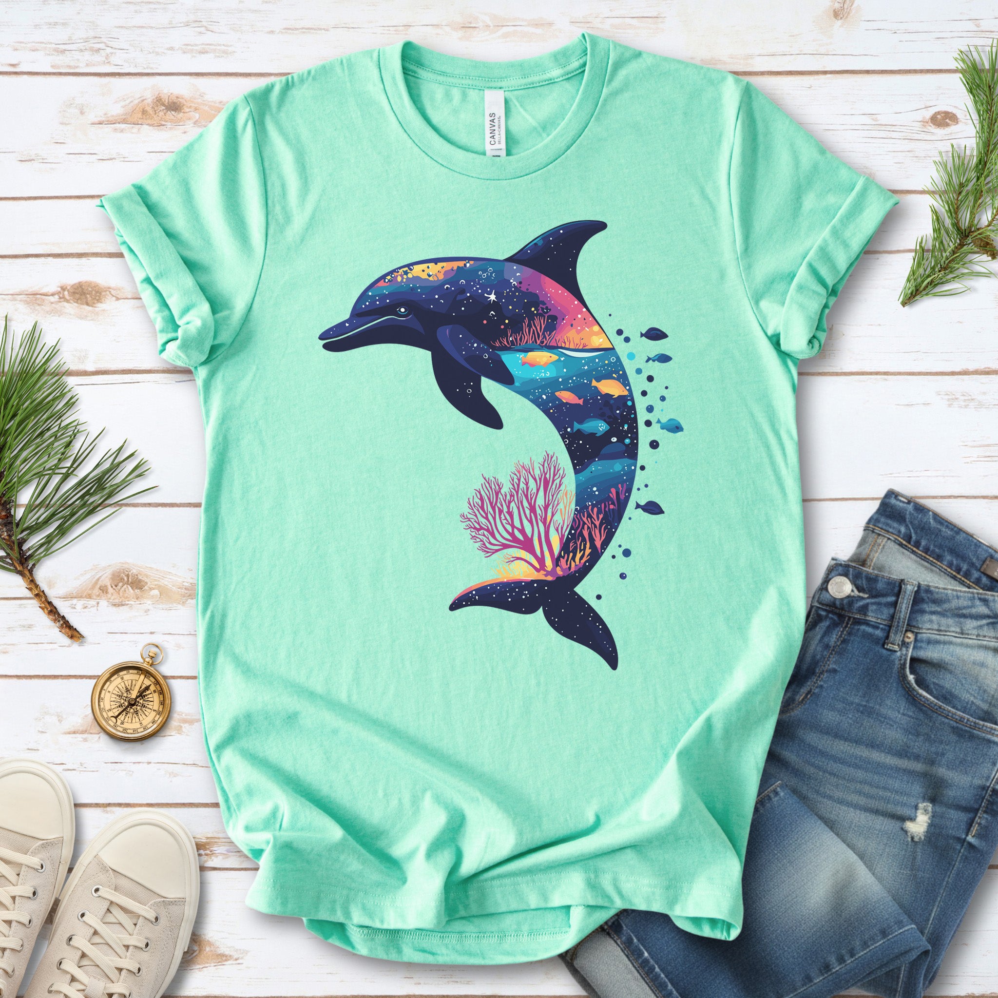 Dolphin Silhouette Coral Reef T-Shirt – Ocean Dreamscape Gift Tee