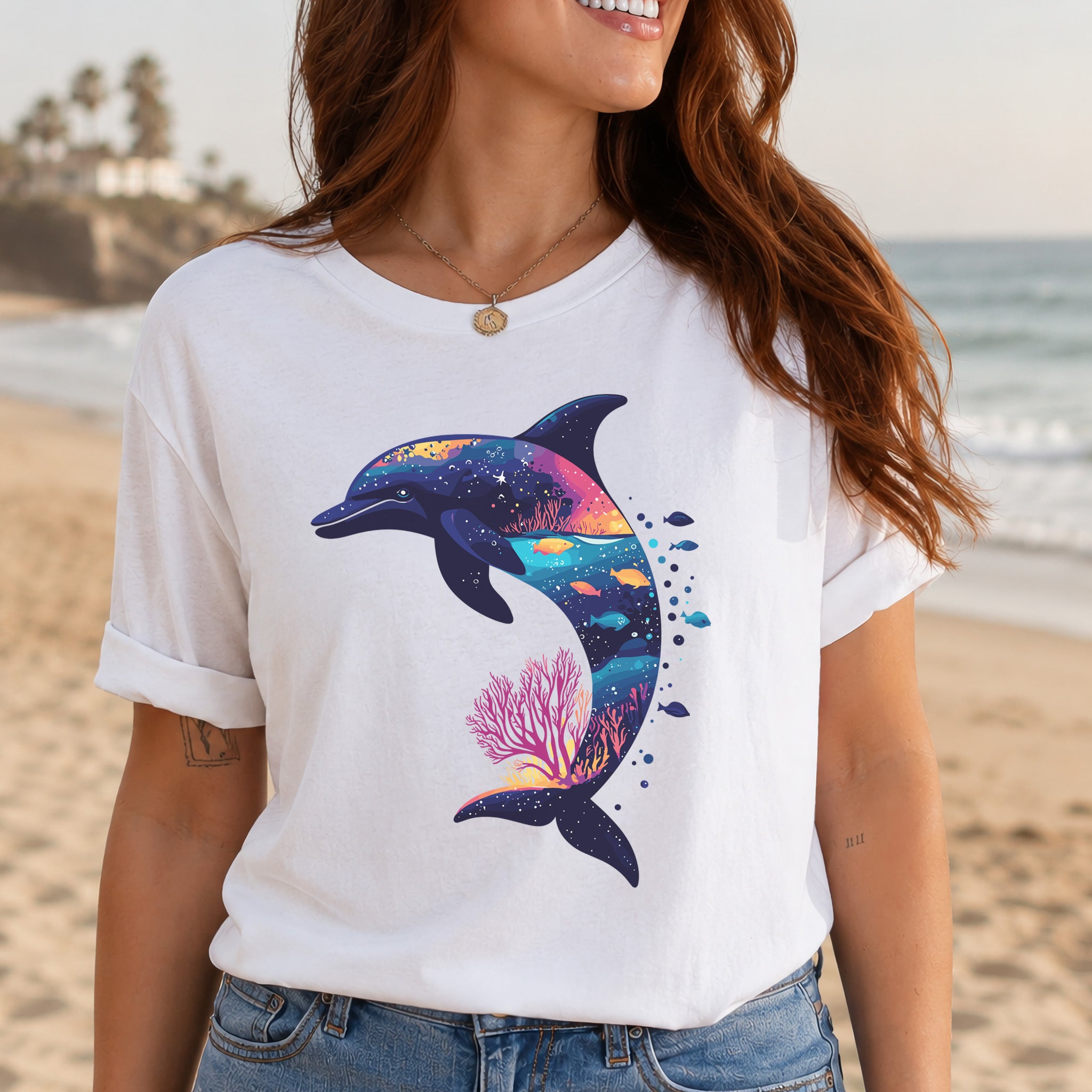 Dolphin Silhouette Coral Reef T-Shirt – Ocean Dreamscape Gift Tee