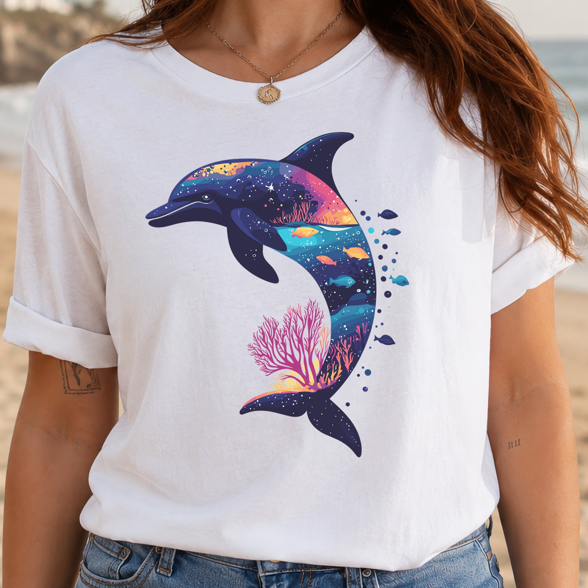 Dolphin Silhouette Coral Reef T-Shirt – Ocean Dreamscape Gift Tee