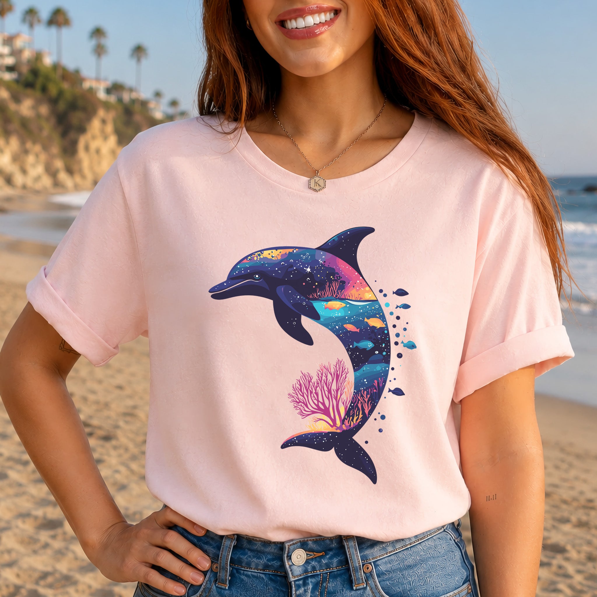 Dolphin Silhouette Coral Reef T-Shirt – Ocean Dreamscape Gift Tee